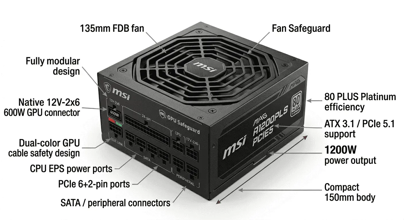 Best compact PSU for RTX 5090: MSI MAG A1200PLS PCIE5 with 1200W output, ATX 3.1 support, Platinum efficiency, and 12V-2x6 GPU power.