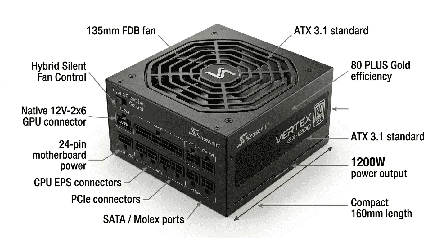 Best Gold PSU for RTX 5090: Seasonic VERTEX GX-1200 ATX 3.1 with 1200W power, fully modular cables, and native 12V-2x6 support.