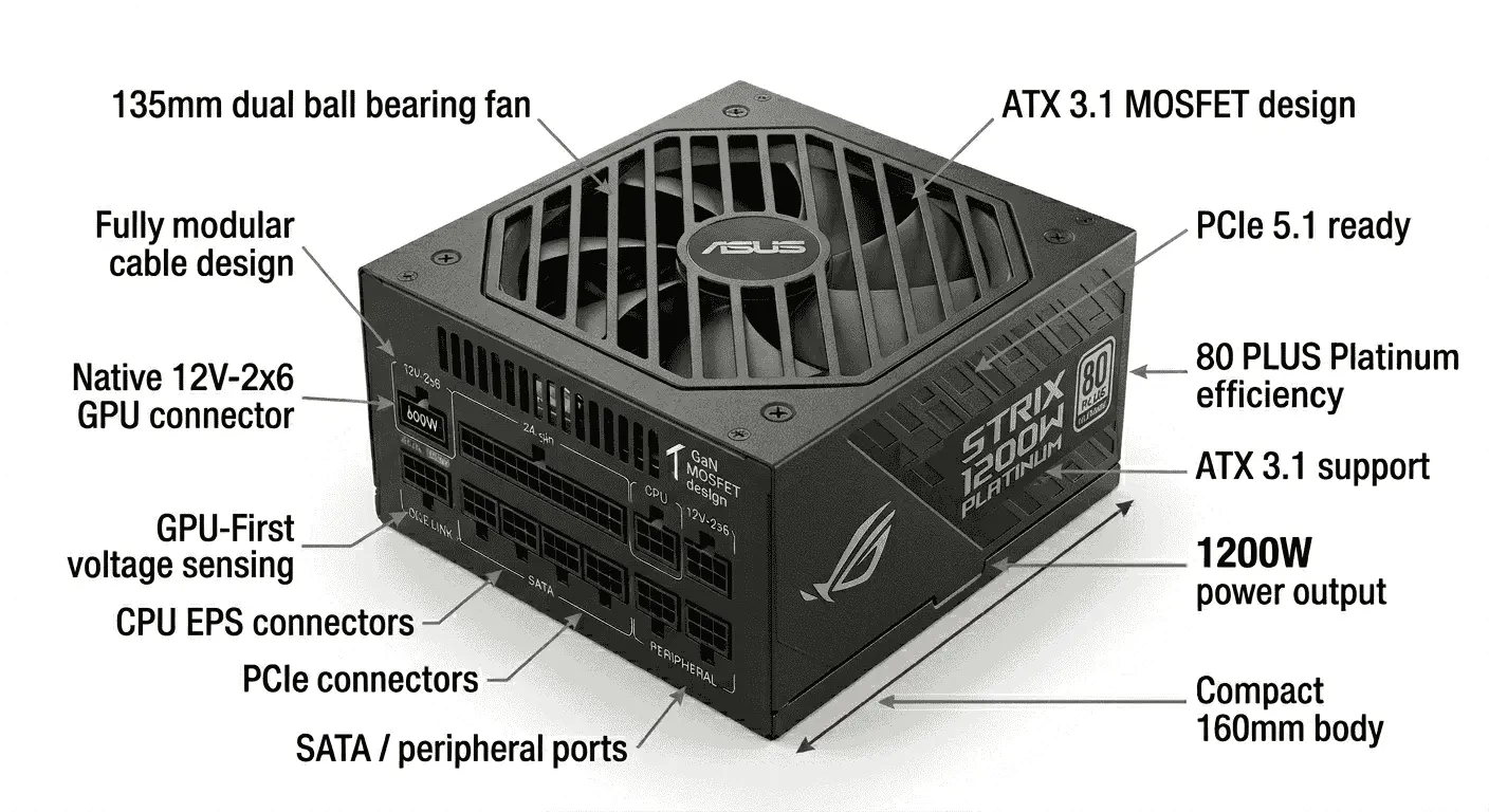 Best premium PSU for RTX 5090: ASUS ROG Strix 1200W Platinum with ATX 3.1 support, 12V-2x6 GPU power, and fully modular cables.