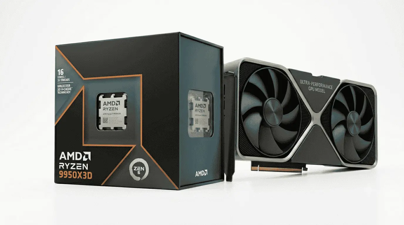 AMD Ryzen 9 9950X3D paired with an RTX 5090, showcasing a premium combination designed for high-end gaming, content creation, heavy multitasking, and professional workloads.