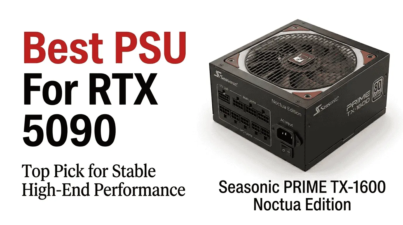 Best PSU for RTX 5090 featuring Seasonic PRIME TX-1600 Noctua Edition as the top power supply pick with 1600W output, ATX 3.1 support, and native 12V-2x6 GPU connectors.