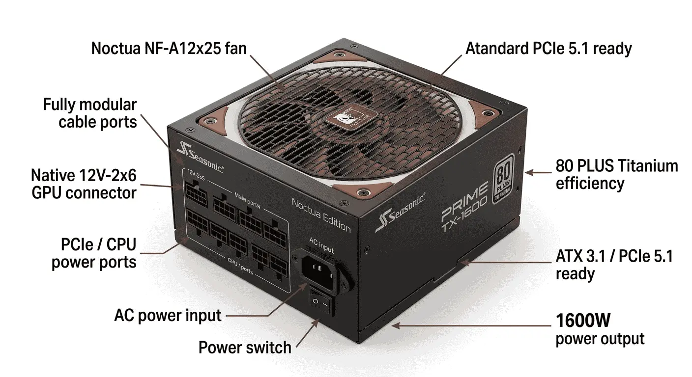 Best PSU for RTX 5090: Seasonic PRIME TX-1600 Noctua Edition with 1600W power, ATX 3.1 support, and native 12V-2x6 GPU connectors.