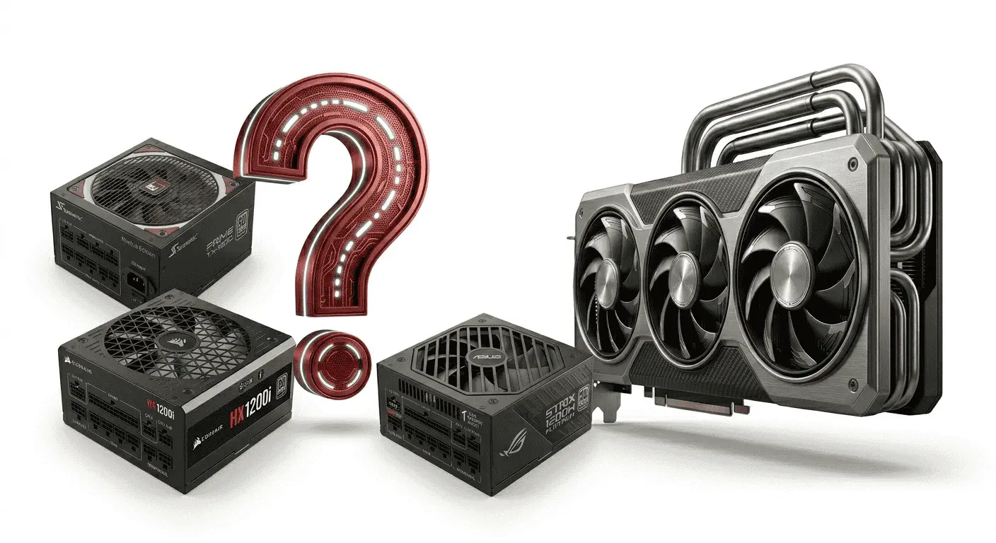 Which PSU is best for RTX 5090? A high-end RTX 5090 graphics card with a question mark showing the need for a compatible ATX 3.1 power supply.