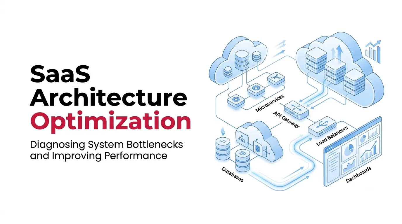 How to Scale SaaS Applications by Identifying System Bottlenecks? 8 SaaS architecture optimization illustration showing cloud infrastructure, connected services, and digital system performance