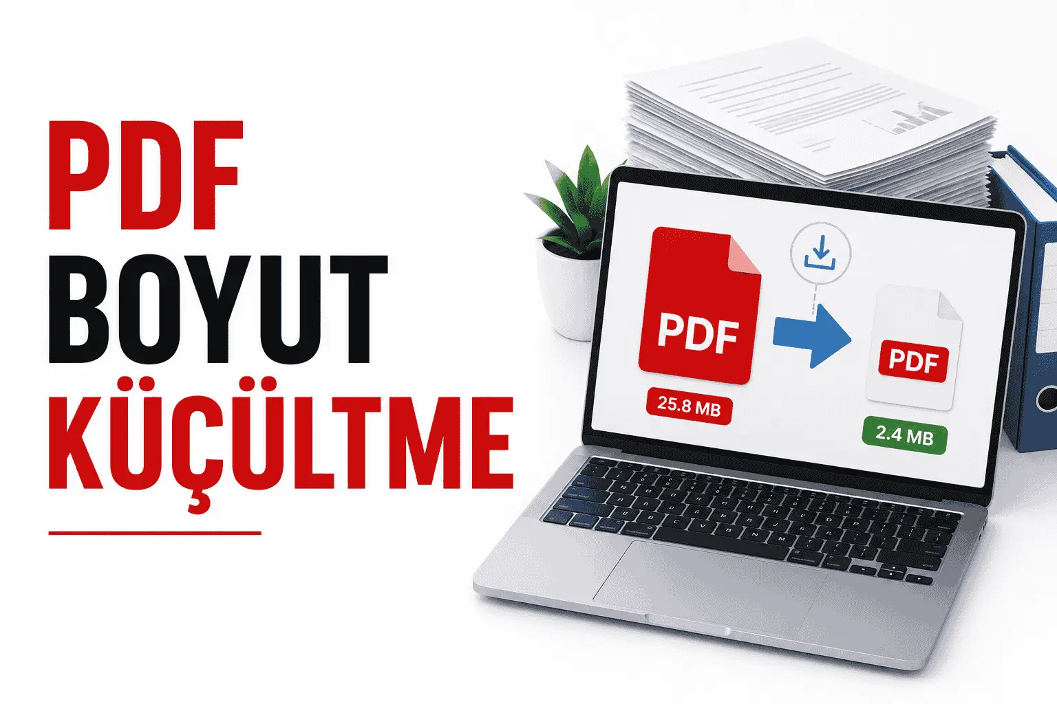 PDF boyut küçültme işlemini gösteren dizüstü bilgisayar ve PDF dosyası görseli