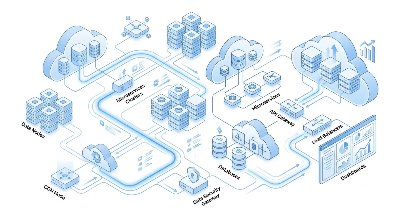 How to Scale SaaS Applications by Identifying System Bottlenecks? 1 Diagram of scalable SaaS applications with APIs, databases, load balancing, and performance optimization workflow