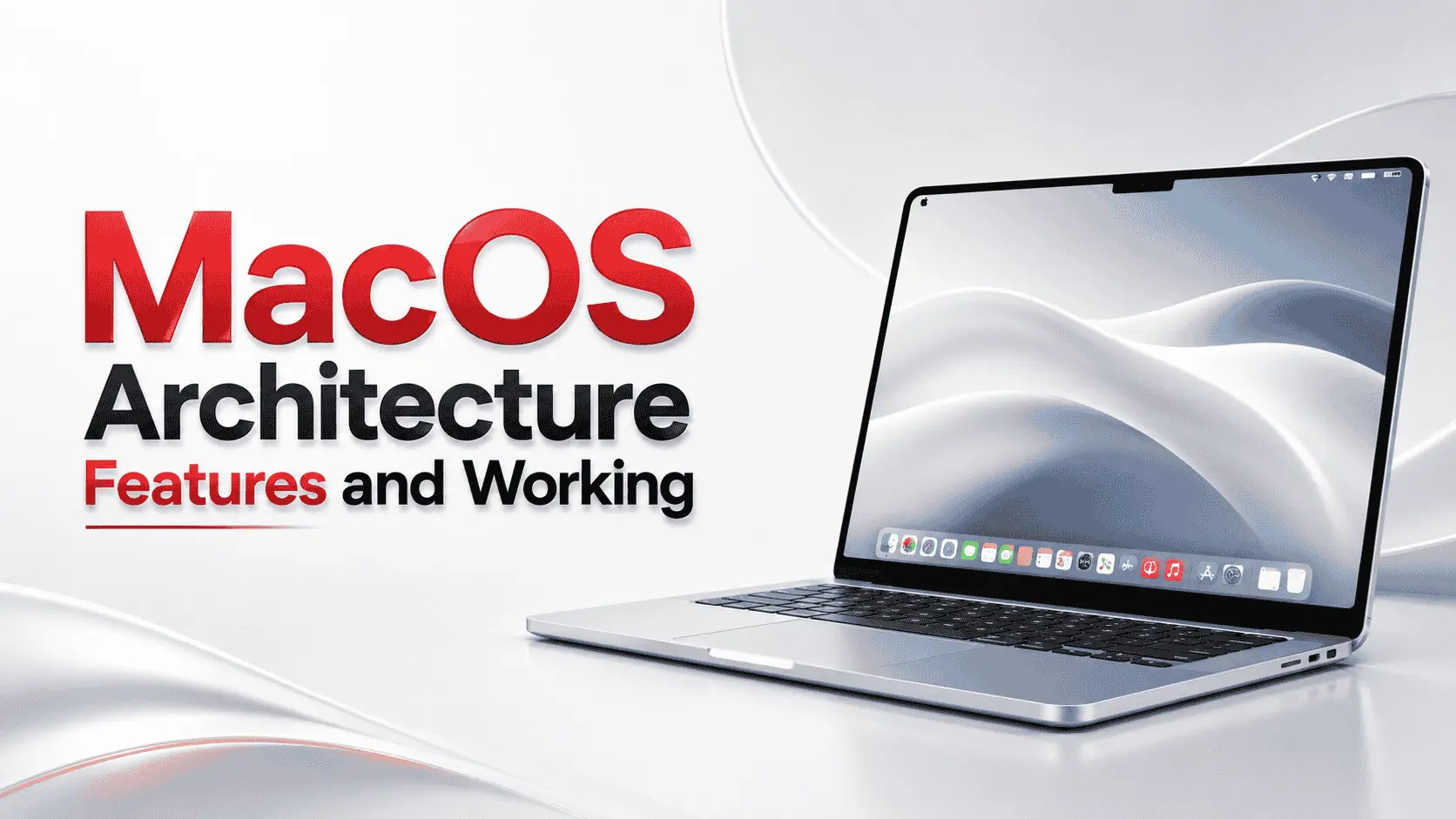 MacOS Architecture Features and Working Mechanism 14 MacBook showing macOS architecture features and working mechanism, including hardware integration, memory management, APFS storage, security tools, productivity features, and system performance.