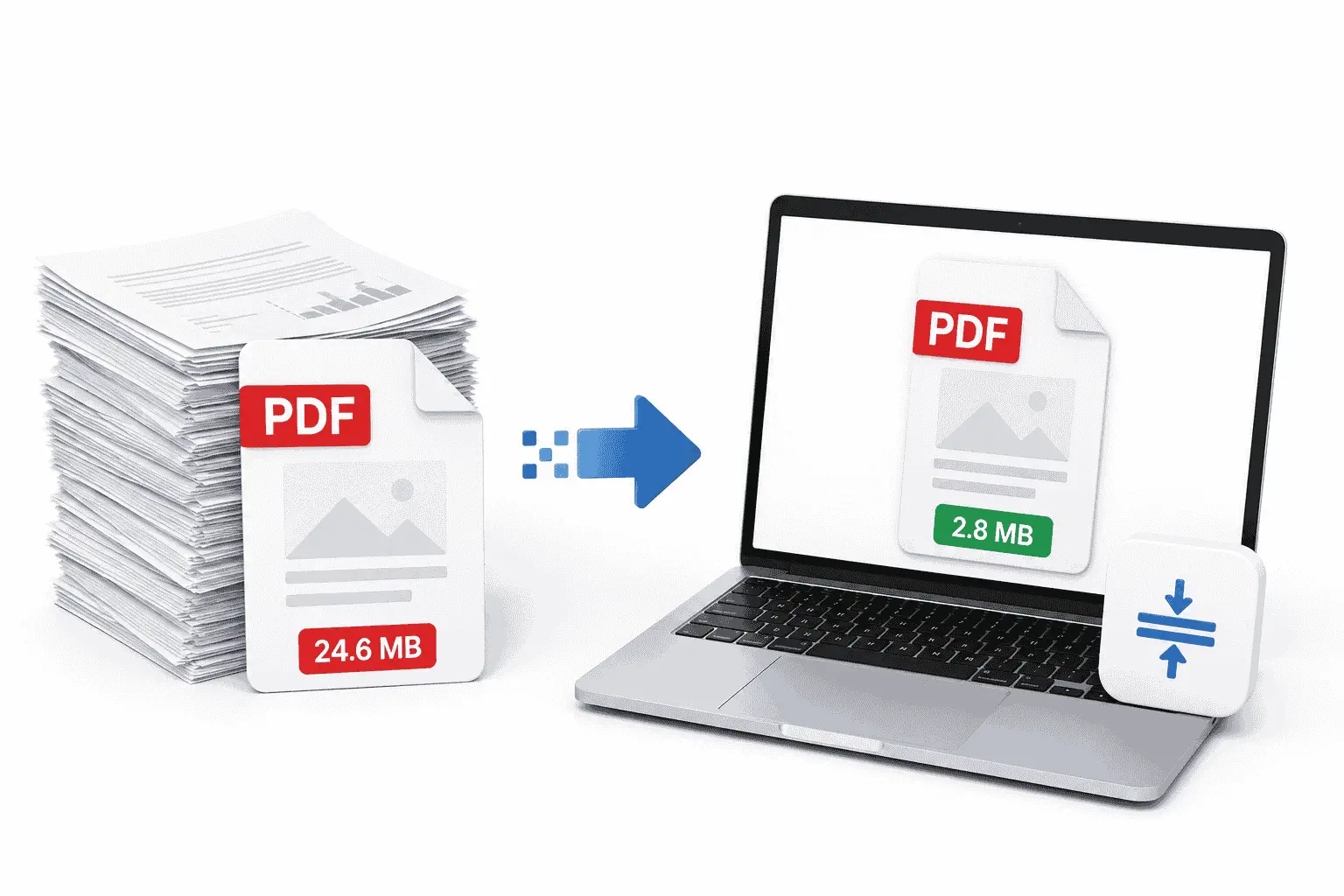 Resmi belgeler için PDF boyut küçültme sürecini gösteren belge, PDF dosyası ve dizüstü bilgisayar görseli
