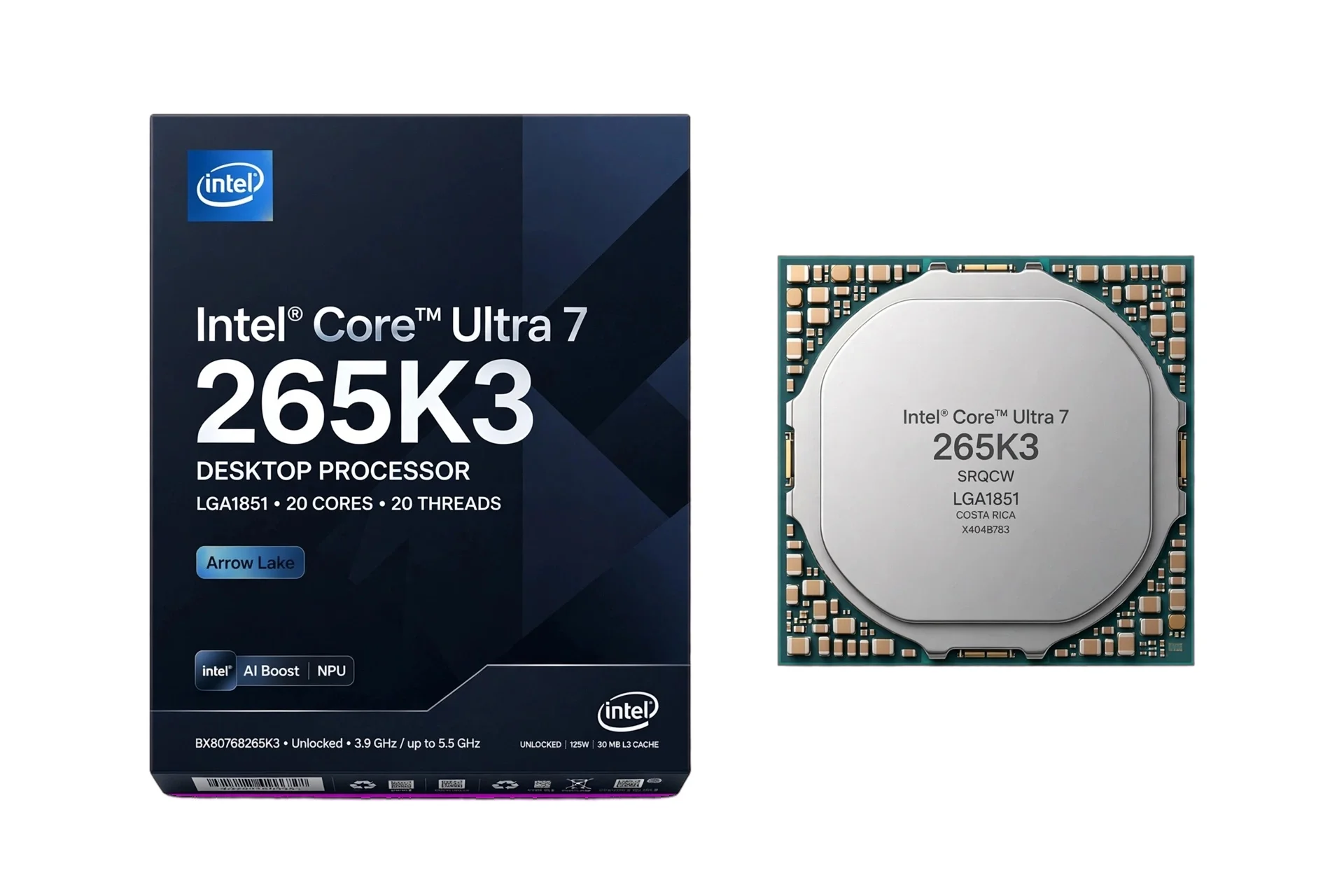 Intel Core Ultra 7 265K gaming processor with 20 cores, 30 MB of L3 cache, and up to 5.5 GHz turbo speed. It is worth comparing with the 270K Plus when the 265K is discounted.