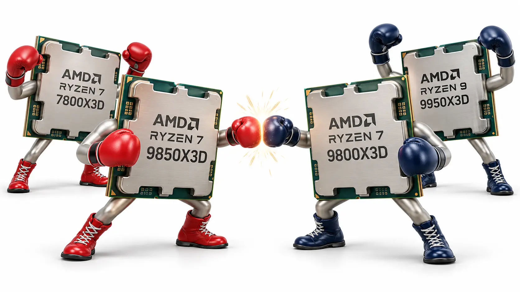 Best AMD Gaming CPU in 2026 | 10 Ryzen Processors Compared 1 AMD Ryzen 7 9850X3D, 9800X3D, 7800X3D and Ryzen 9 9950X3D illustrated as competing characters, representing a comparison to help readers choose the best AMD gaming CPU.