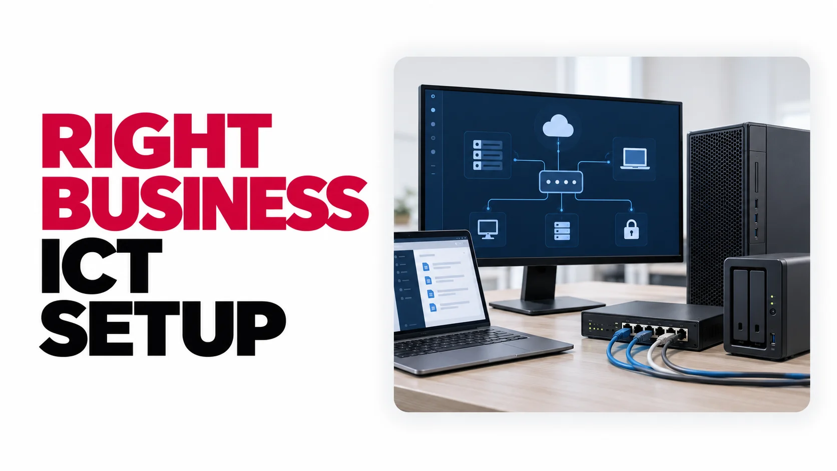 Right Business ICT Setup heading beside a desktop computer, laptop, network switch and backup storage, illustrating the hardware and connectivity behind business collaboration and cloud access.