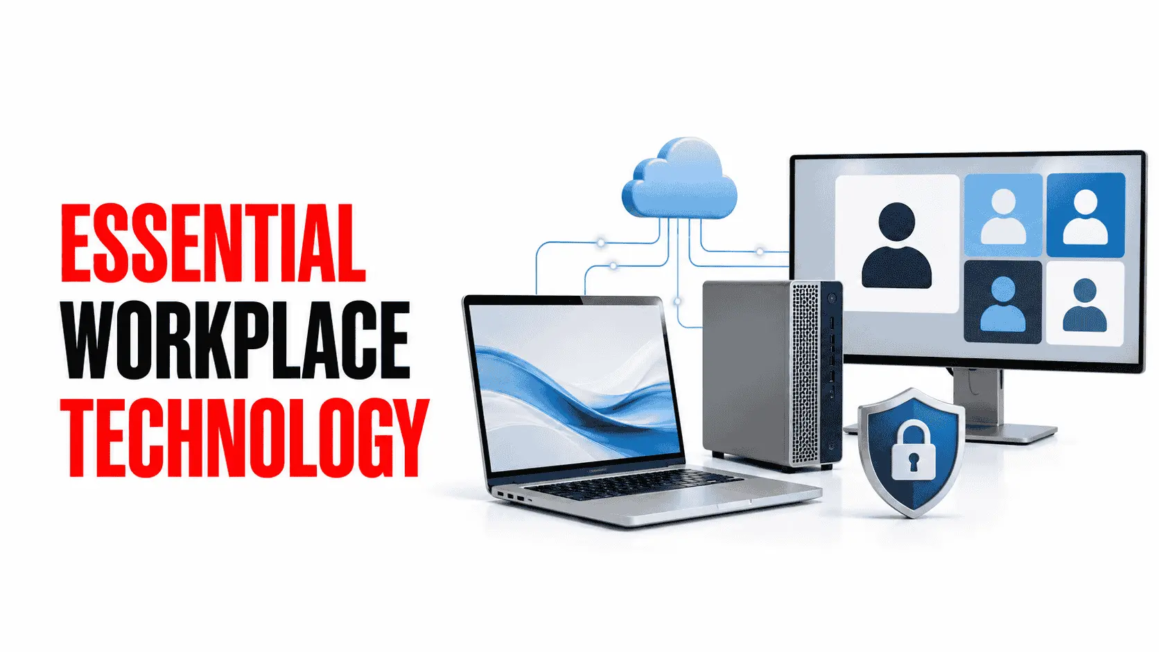 Essential Workplace Technology for a Productive and Secure Modern Office 1 Workplace technology setup with a laptop, workstation, cloud connection, video meeting and security shield.