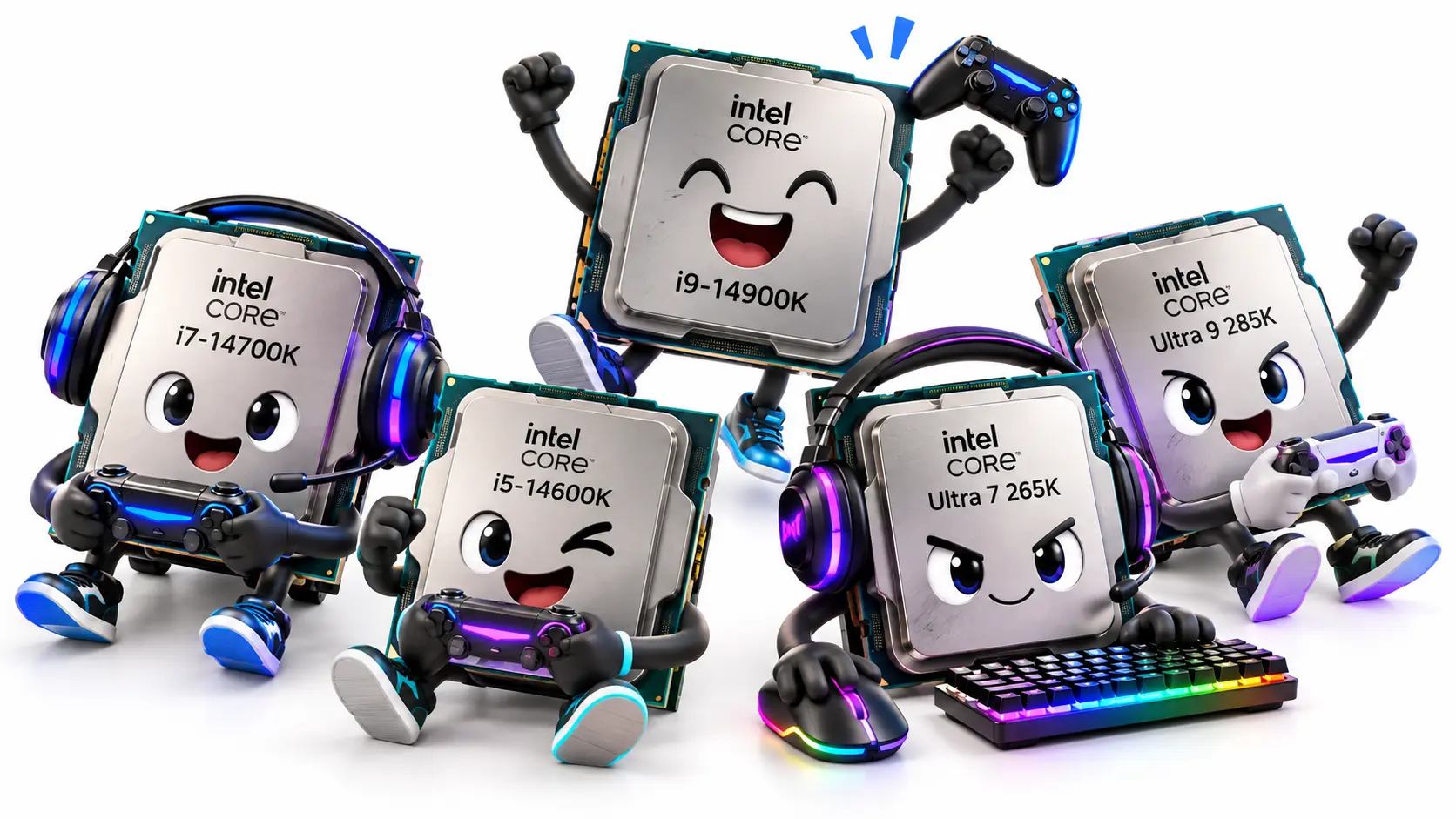 Playful Intel gaming CPUs including Core i9-14900K, Core i7-14700K, Core i5-14600K, Core Ultra 9 285K, and Core Ultra 7 265K using gaming controllers, headphones, keyboard, and mouse on a white background.