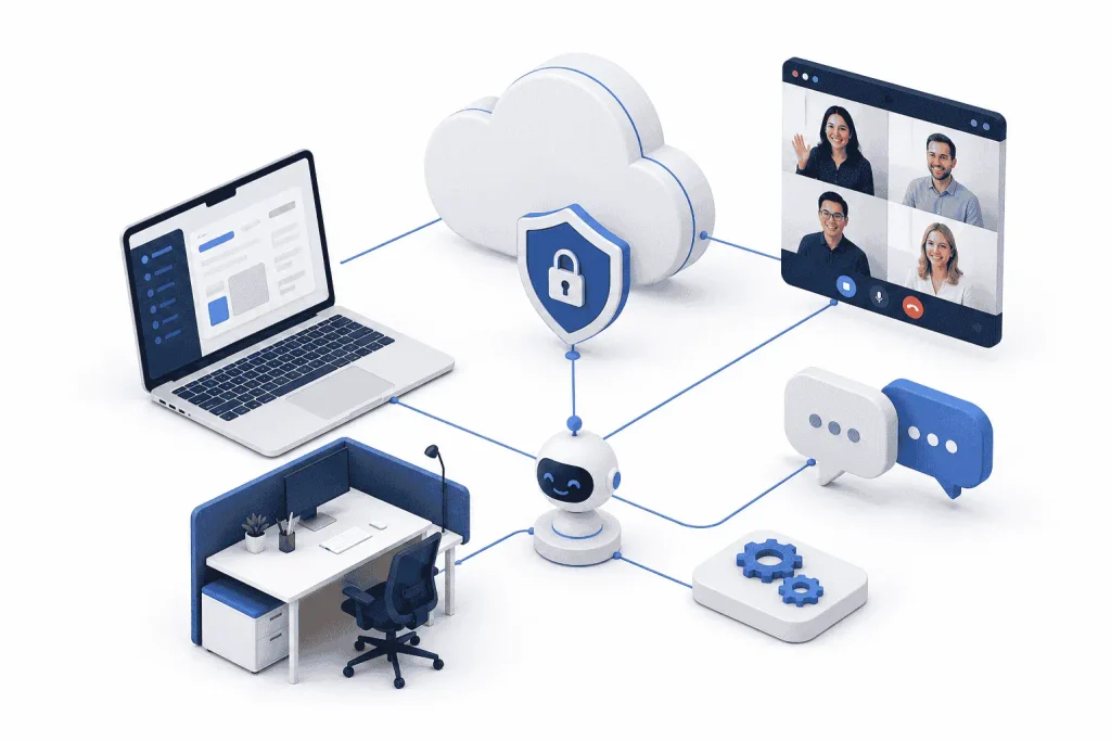 Online virtual assistants connecting workplace devices, cloud services, team communication and security systems.