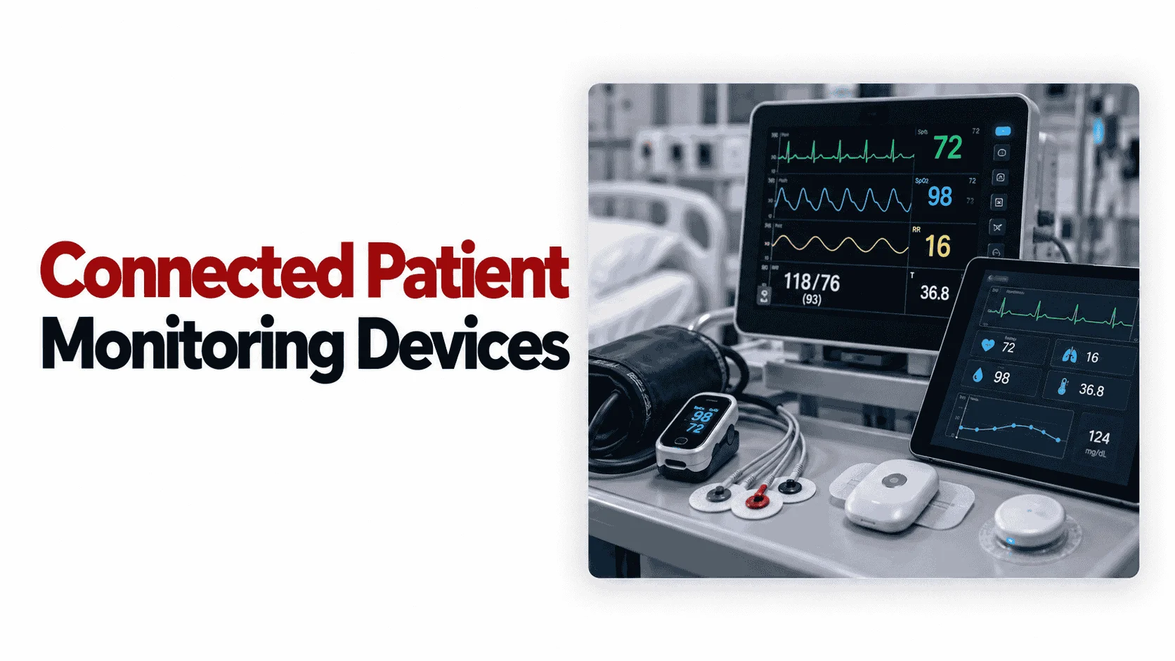 Connected patient monitoring devices with bedside vital signs monitor, blood pressure cuff, pulse oximeter, and clinical dashboard