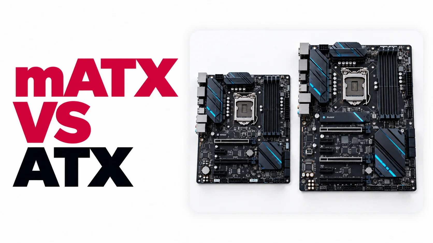 mATX vs ATX motherboard comparison showing a compact micro-ATX board beside a larger ATX board. Micro-ATX takes up less space, while ATX generally provides more room for expansion.