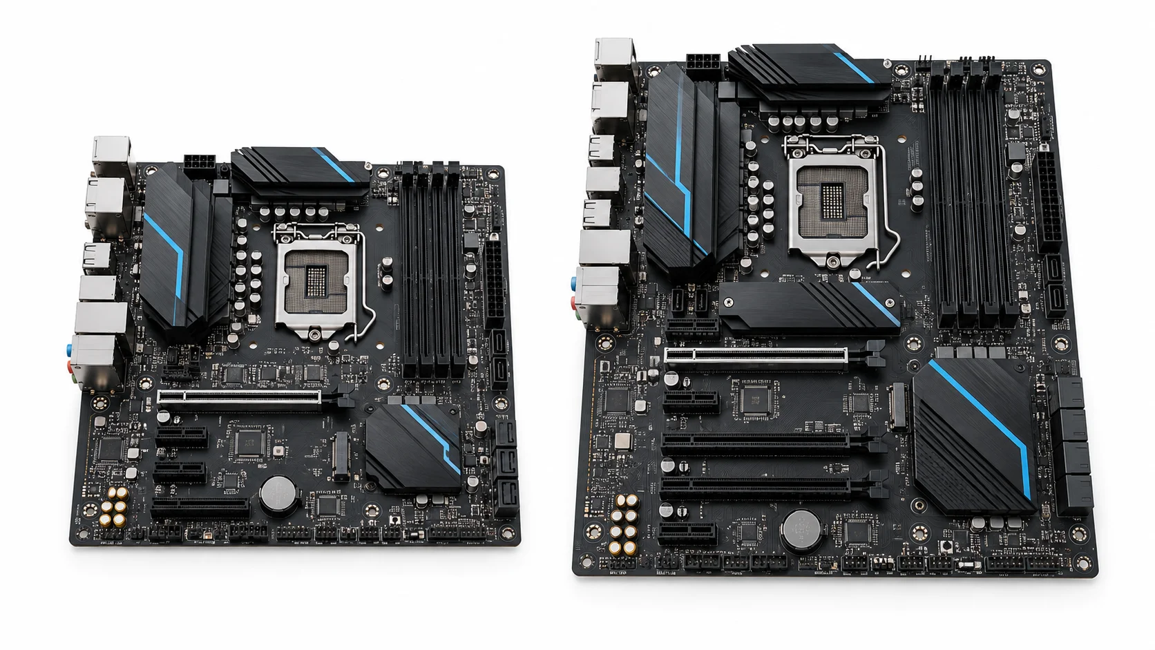 mATX vs ATX Motherboards — Which Should You Choose? 1 mATX vs ATX motherboard size comparison: the micro-ATX board on the left is smaller and suits compact builds, while the ATX board on the right offers more room for expansion.
