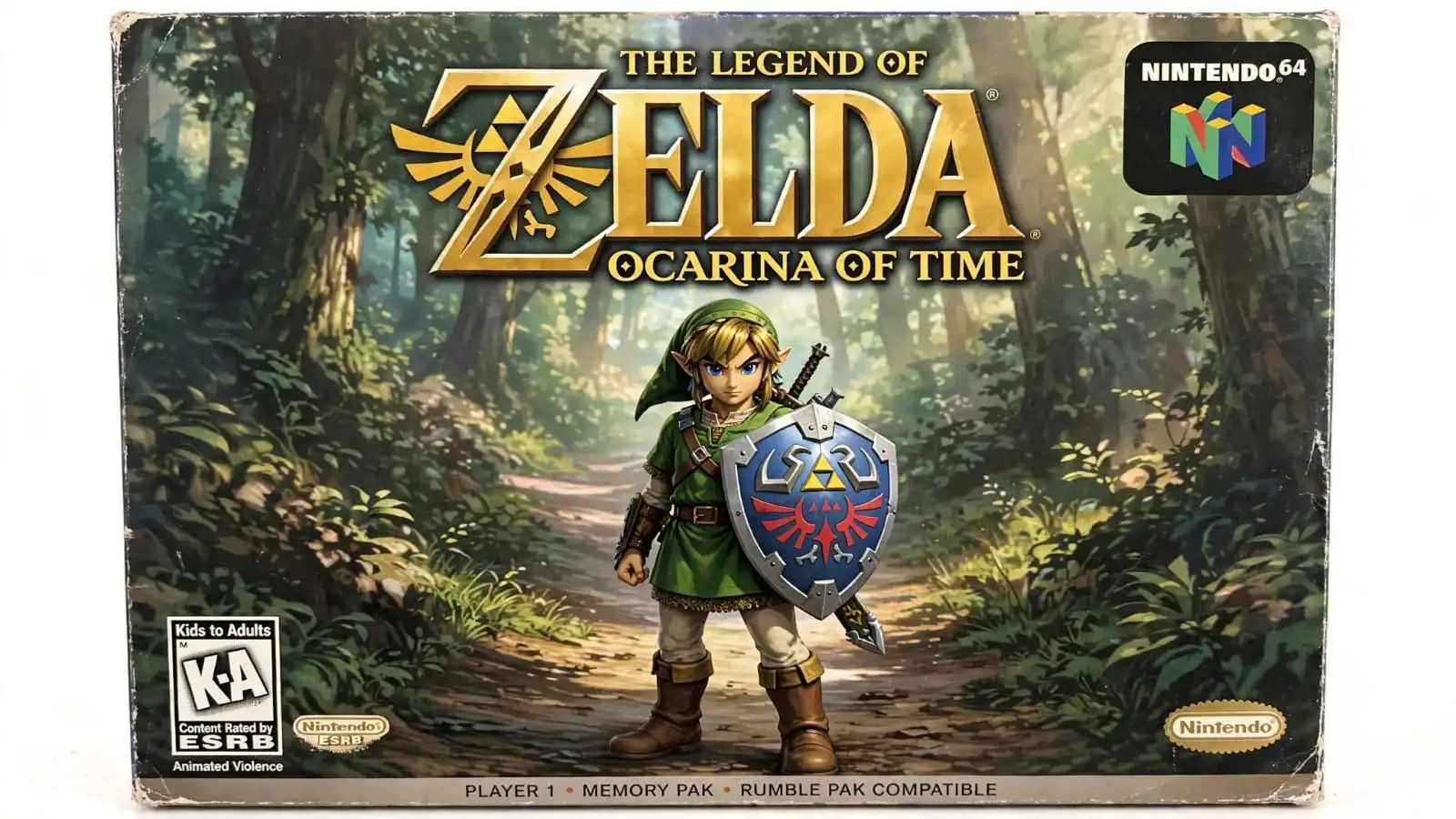Link explores the world of Hyrule with his sword and shield in The Legend of Zelda: Ocarina of Time. One of the good N64 games known for its dungeon puzzles, combat, and 3D adventure gameplay.