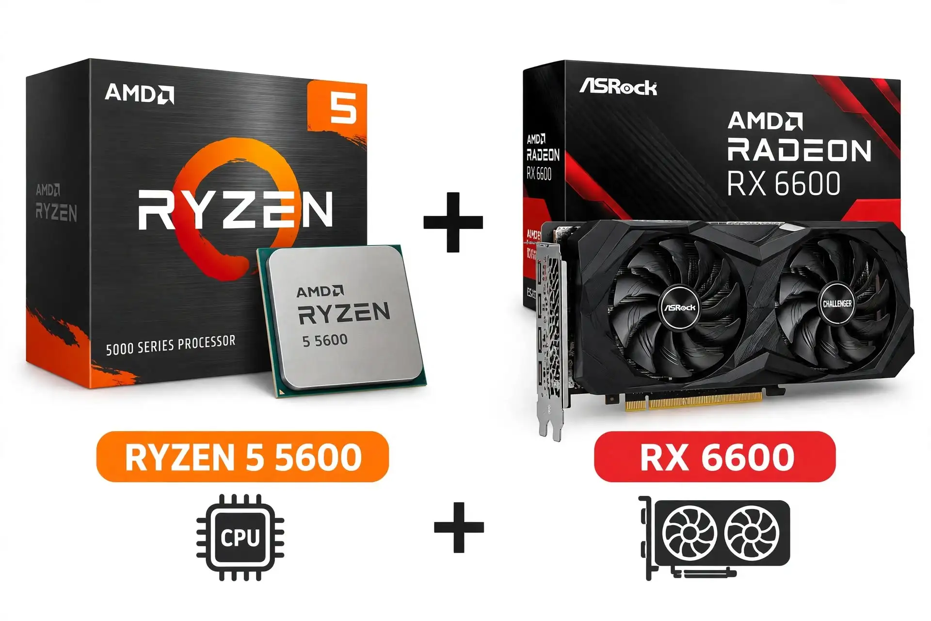 AMD Ryzen 5 5600 processor on the left and Radeon RX 6600 8GB graphics card on the right, illustrating a low-cost used budget gaming computer combination. The proposed build pairs them with 16GB DDR4 RAM and a 512GB–1TB SSD, targeting a total cost of $450 or less.