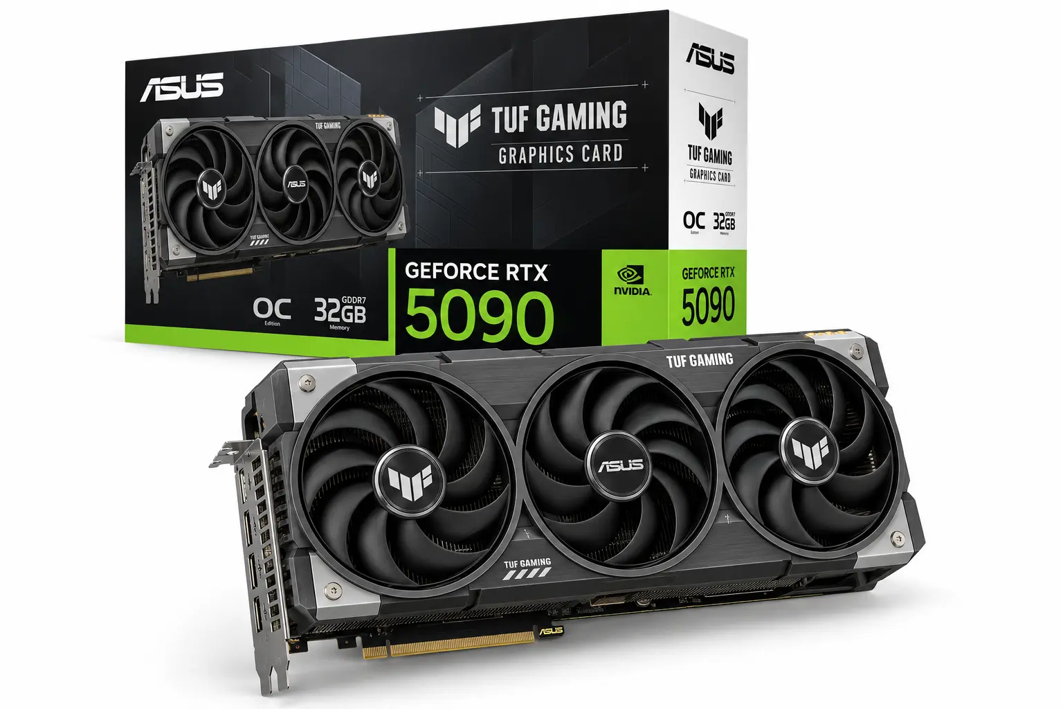 NVIDIA GeForce RTX 5090 displayed in front of its retail box on a white background—a performance-focused choice for the best graphics card for 4K gaming, with 32GB GDDR7 memory.
