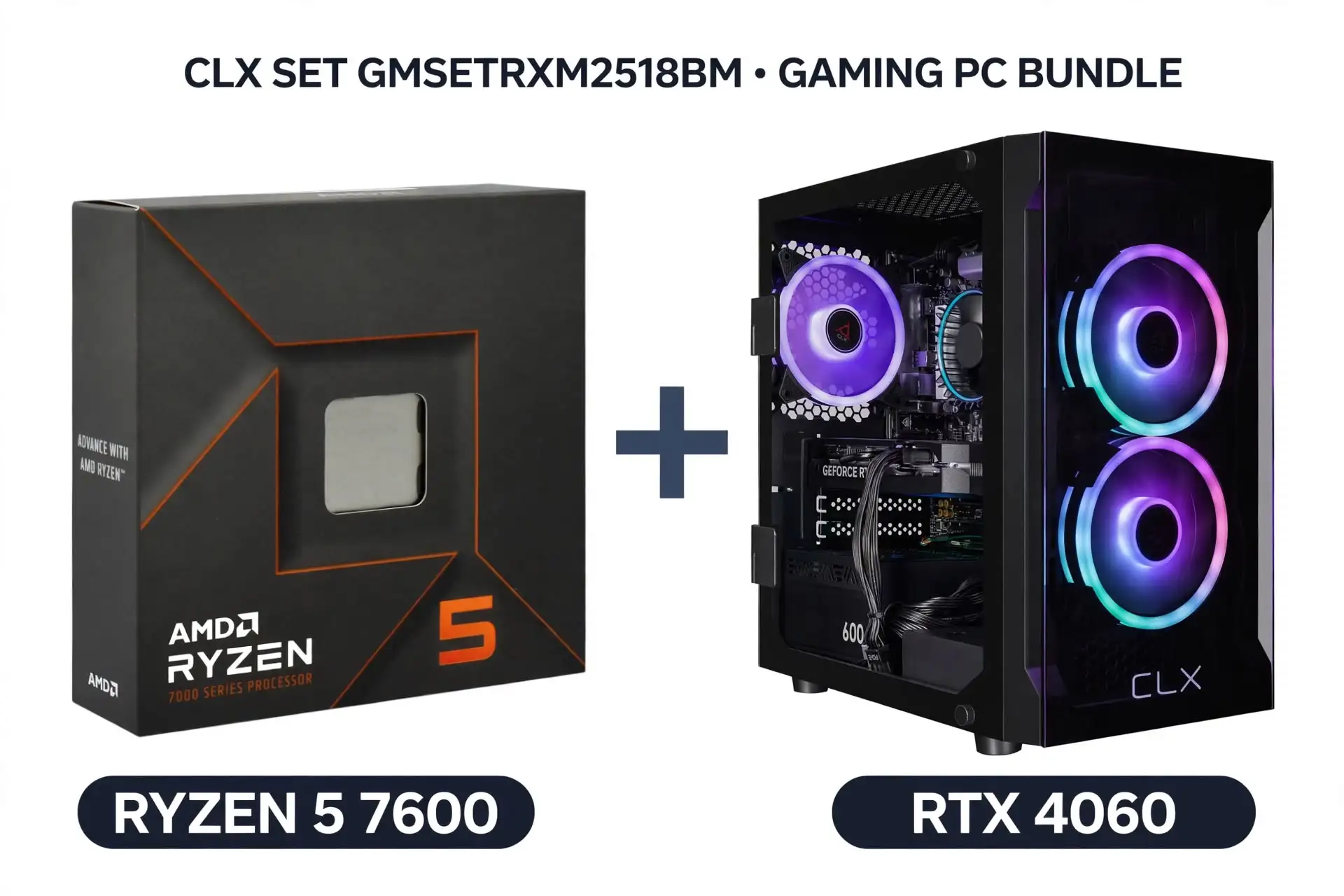 1. AMD Ryzen 5 5600 processor beside a Radeon RX 6600 8GB graphics card, representing the CPU and GPU combination in the CLX SET GMSETRXM2518BM gaming computer. The listed configuration includes 16GB DDR4 RAM and a 512GB SSD, with its budget appeal depending on a substantial discount from the previously checked price.