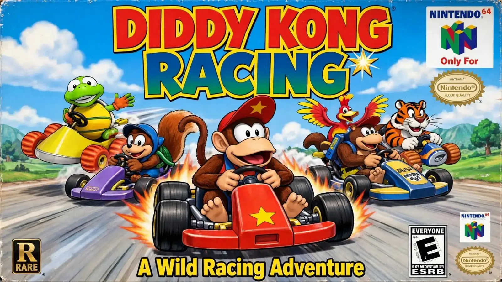 Diddy Kong competes in colorful races using karts, hovercrafts, and airplanes across different racing environments. One of the good N64 games for solo racing, it features boss challenges, collectible balloons, and an adventure mode.