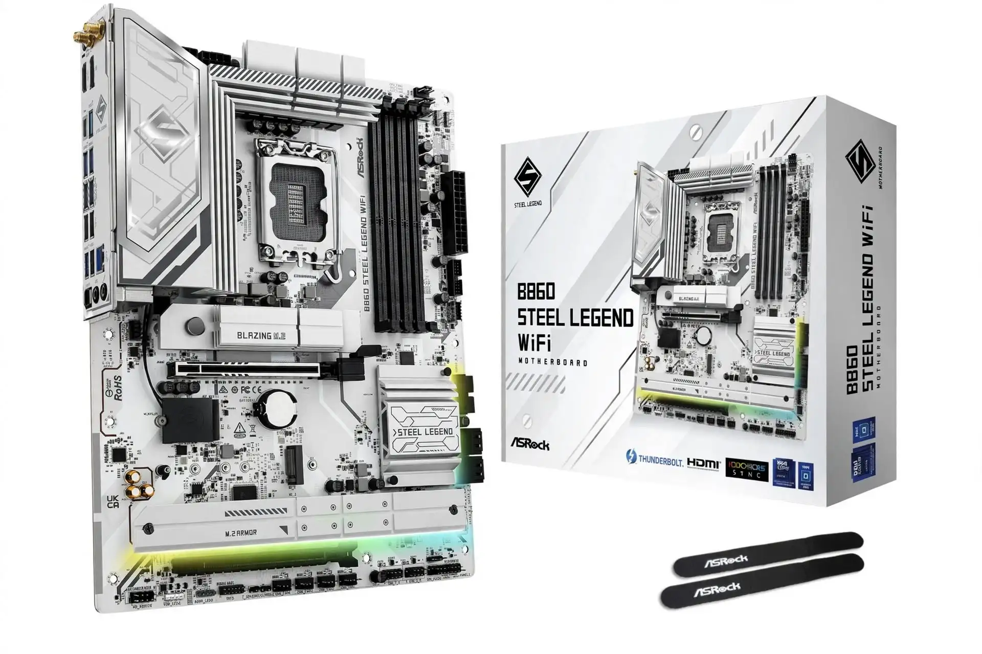 1. ASRock B860 Steel Legend WiFi motherboard for Intel Core Ultra gaming PCs, with four M.2 SSD sockets and rear Thunderbolt 4 connectivity.