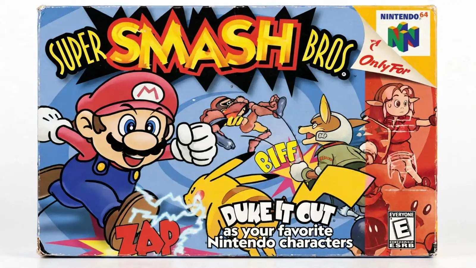 Mario, Pikachu, and other Nintendo characters fight on floating platforms during a Super Smash Bros. match. The original Nintendo 64 fighting game features character-specific attacks, interactive stages, and four-player multiplayer battles.