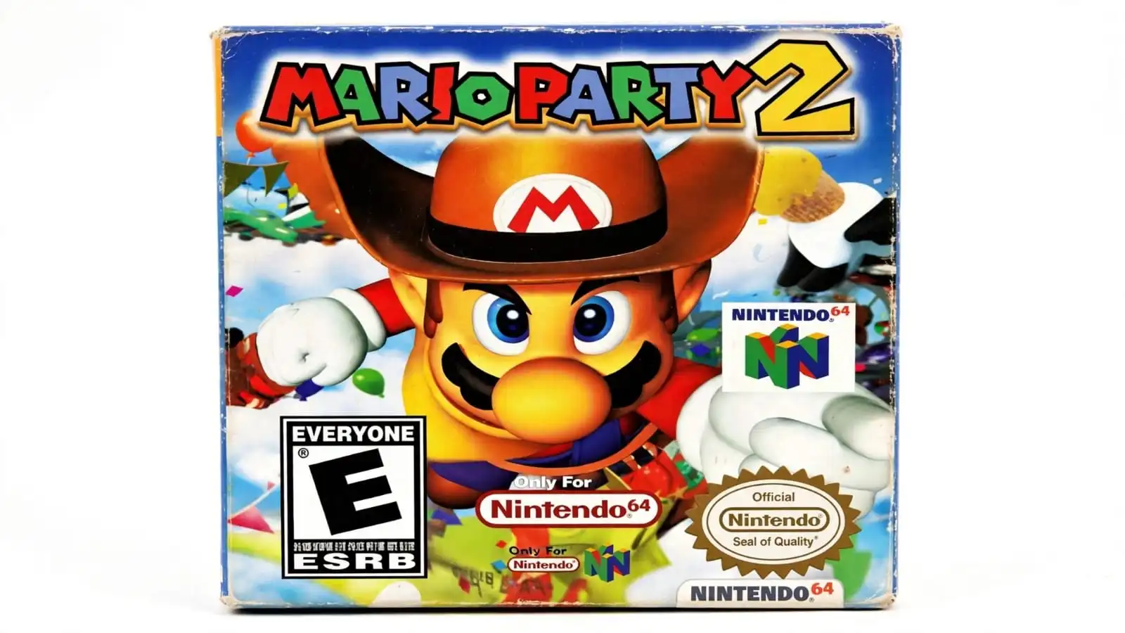 Mario and his friends compete in colorful board-game challenges and multiplayer minigames in Mario Party 2. The Nintendo 64 party game combines coin collecting, Star purchases, and different challenges for up to four players.