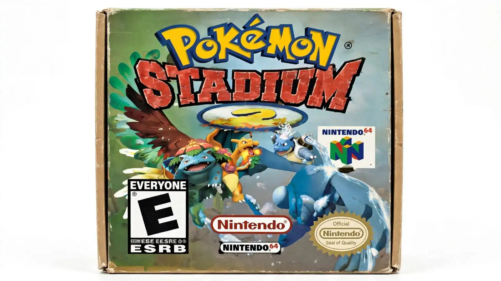 Pokémon face each other inside a 3D battle arena while trainers select attacks during a Pokémon Stadium 2 match. The Nintendo 64 game features Pokémon tournaments, Gym Leader challenges, and multiplayer minigames.