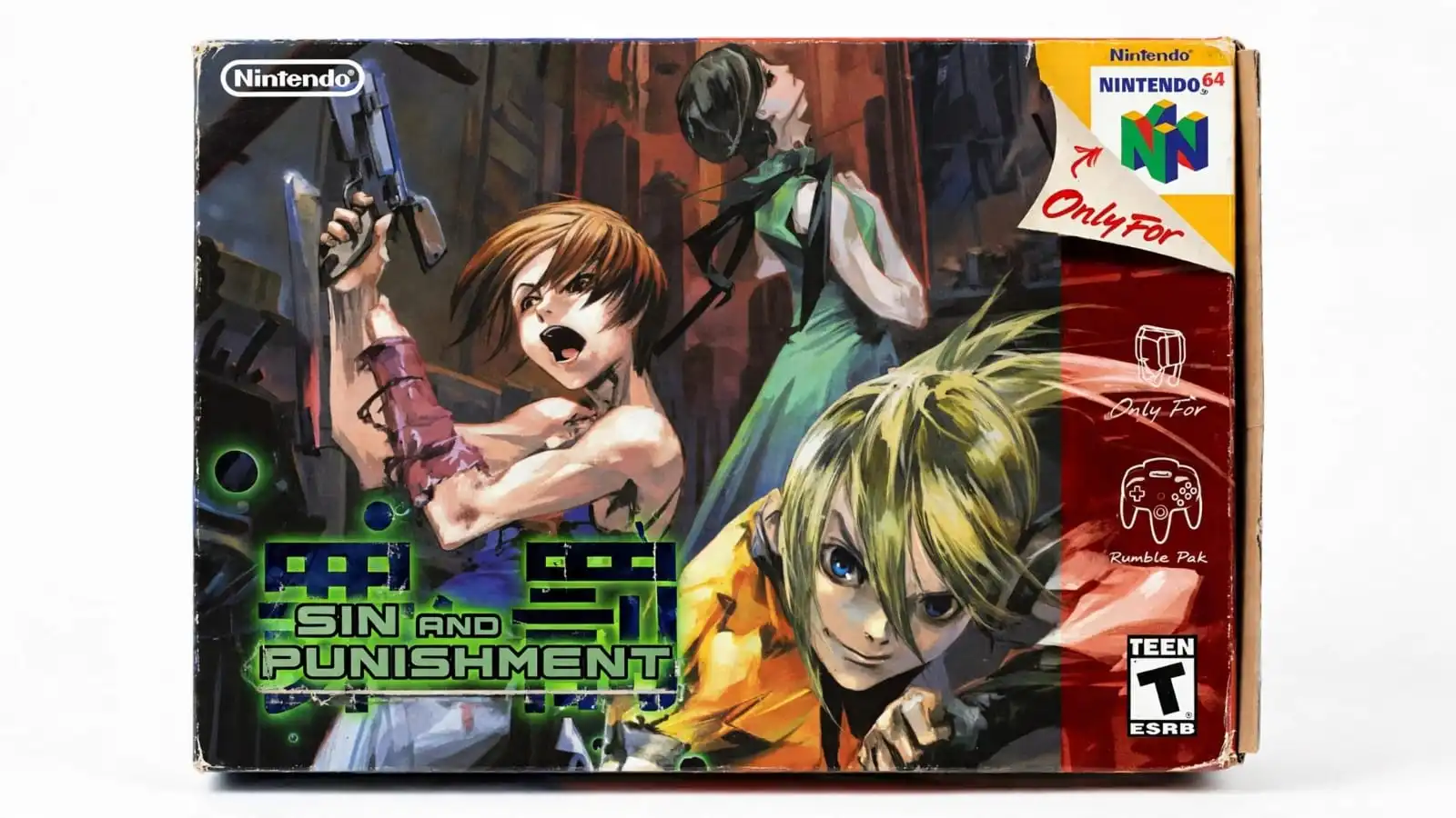An armed character attacks incoming enemies while dodging projectiles during an action stage in Sin & Punishment. The Nintendo 64 rail shooter combines movement, precise aiming, sword attacks, and challenging enemy encounters.