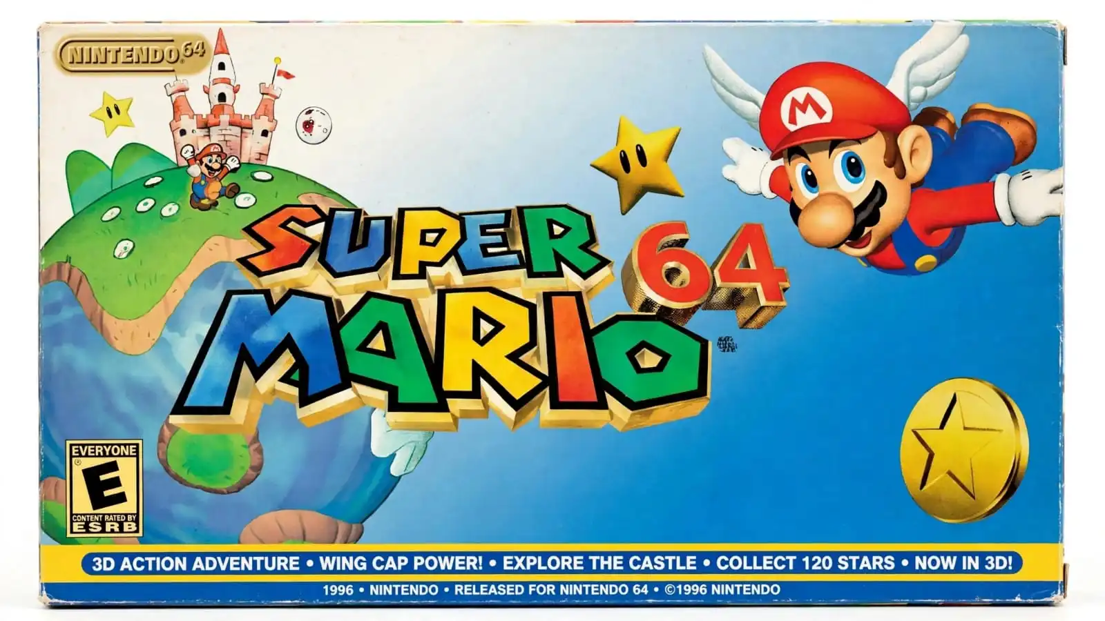 Mario jumps across floating platforms and collects Power Stars while exploring the colorful worlds of Super Mario 64. The Nintendo 64 platformer features 3D movement, hidden challenges, and different areas inside Peach's Castle.