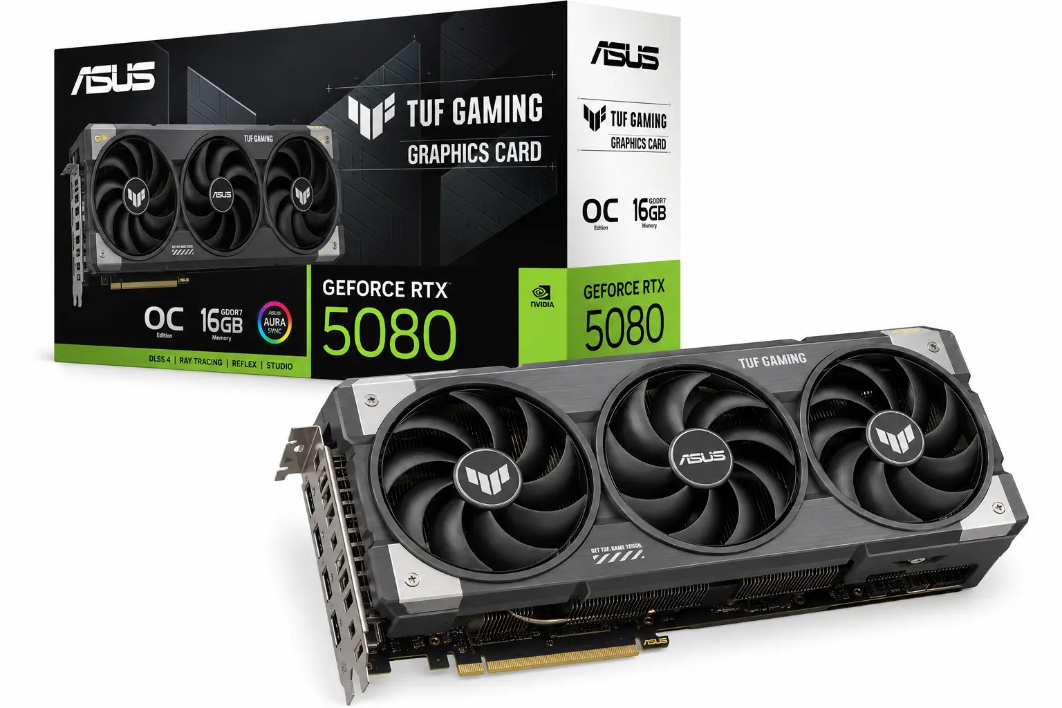 NVIDIA GeForce RTX 5080 beside its labeled retail packaging, featuring 16GB GDDR7 memory and DLSS support for gamers considering the best graphics card for 4K gaming in a premium build.