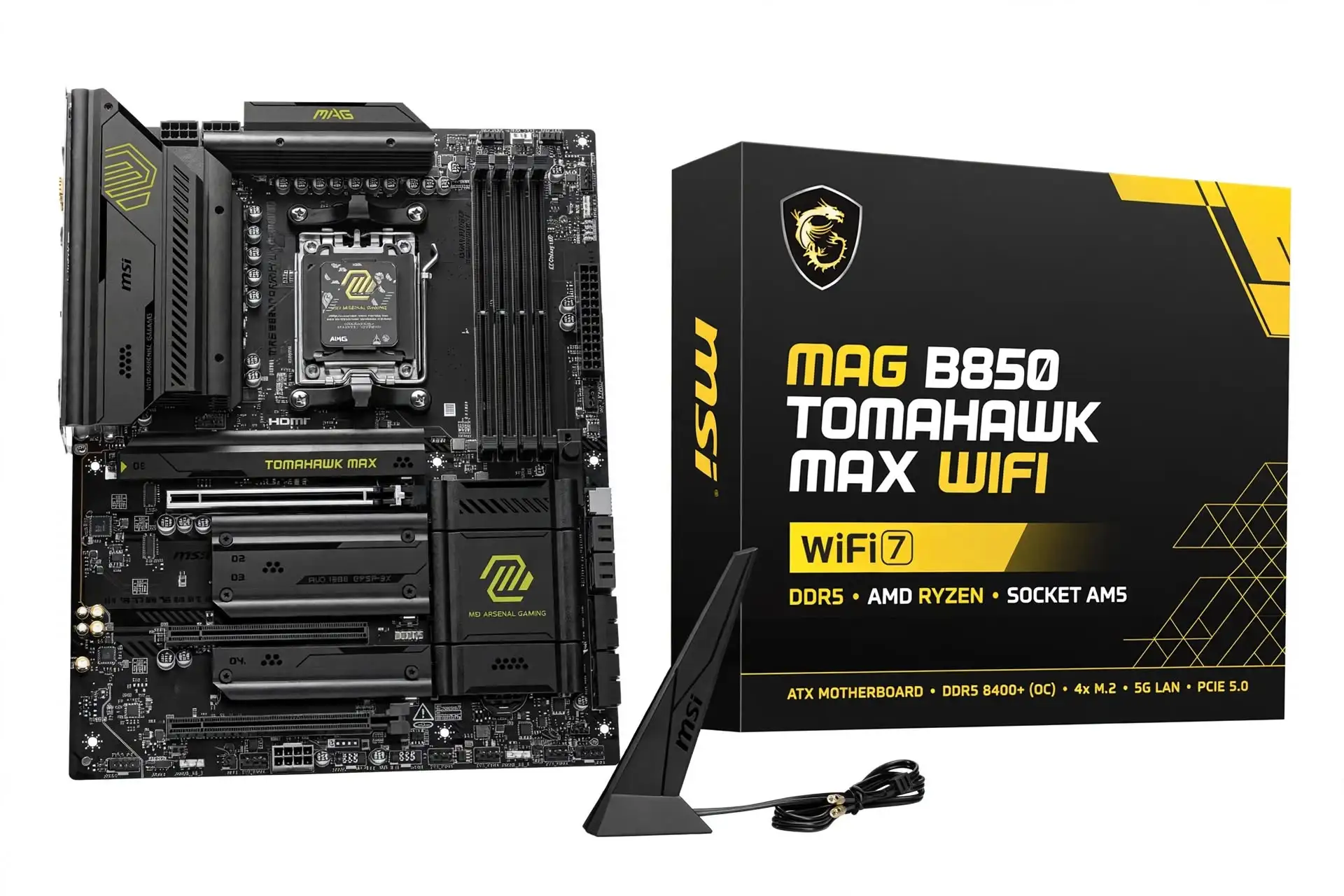 MSI MAG B850 TOMAHAWK MAX WIFI II AM5 gaming motherboard with two Gen5 M.2 SSD sockets and four DDR5 memory slots.