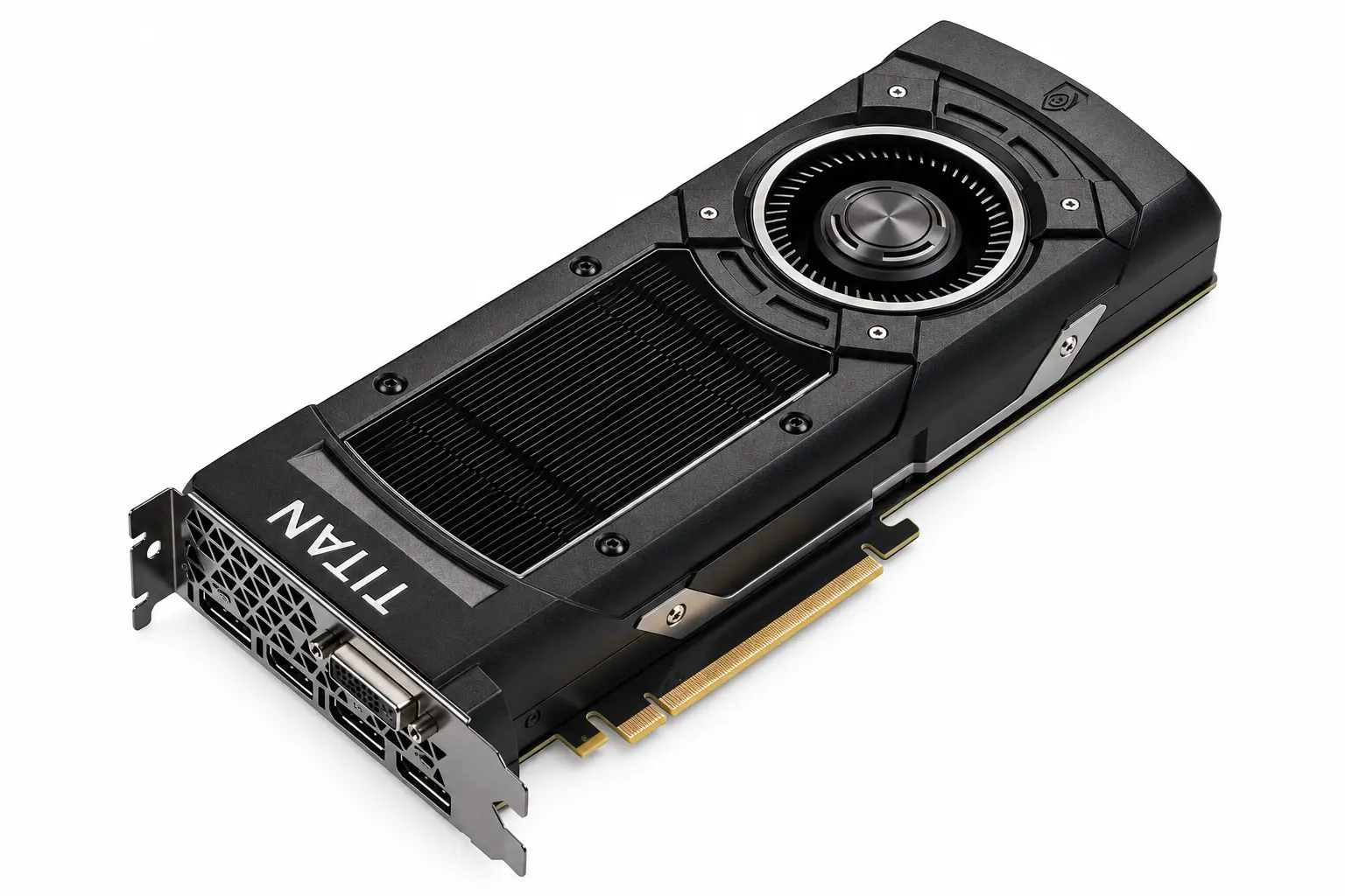 GTX TITAN X Specs and Gaming Performance Explained 1 Official NVIDIA GeForce GTX TITAN X reference graphics card with a black cooler, blower fan, and TITAN branding, identifying the original 2015 Maxwell model.
