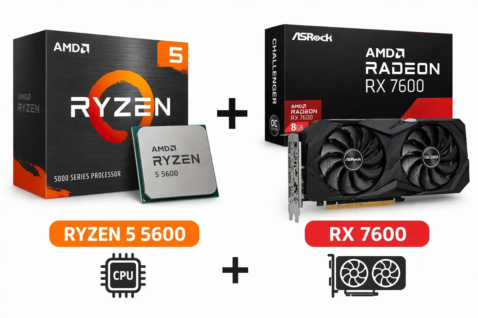 AMD Ryzen 5 5600 processor on the left and Radeon RX 7600 8GB graphics card on the right, showing an affordable AM4 gaming computer combination. The suggested configuration includes 16GB DDR4 RAM and a 1TB SSD, with a complete-build budget target of $750 or less.