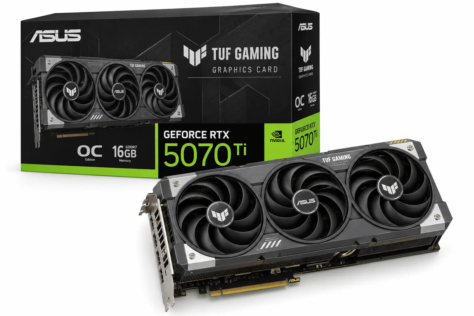 NVIDIA GeForce RTX 5070 Ti shown outside its retail box, with 16GB GDDR7 memory and DLSS support for 4K gaming with carefully selected graphics settings.