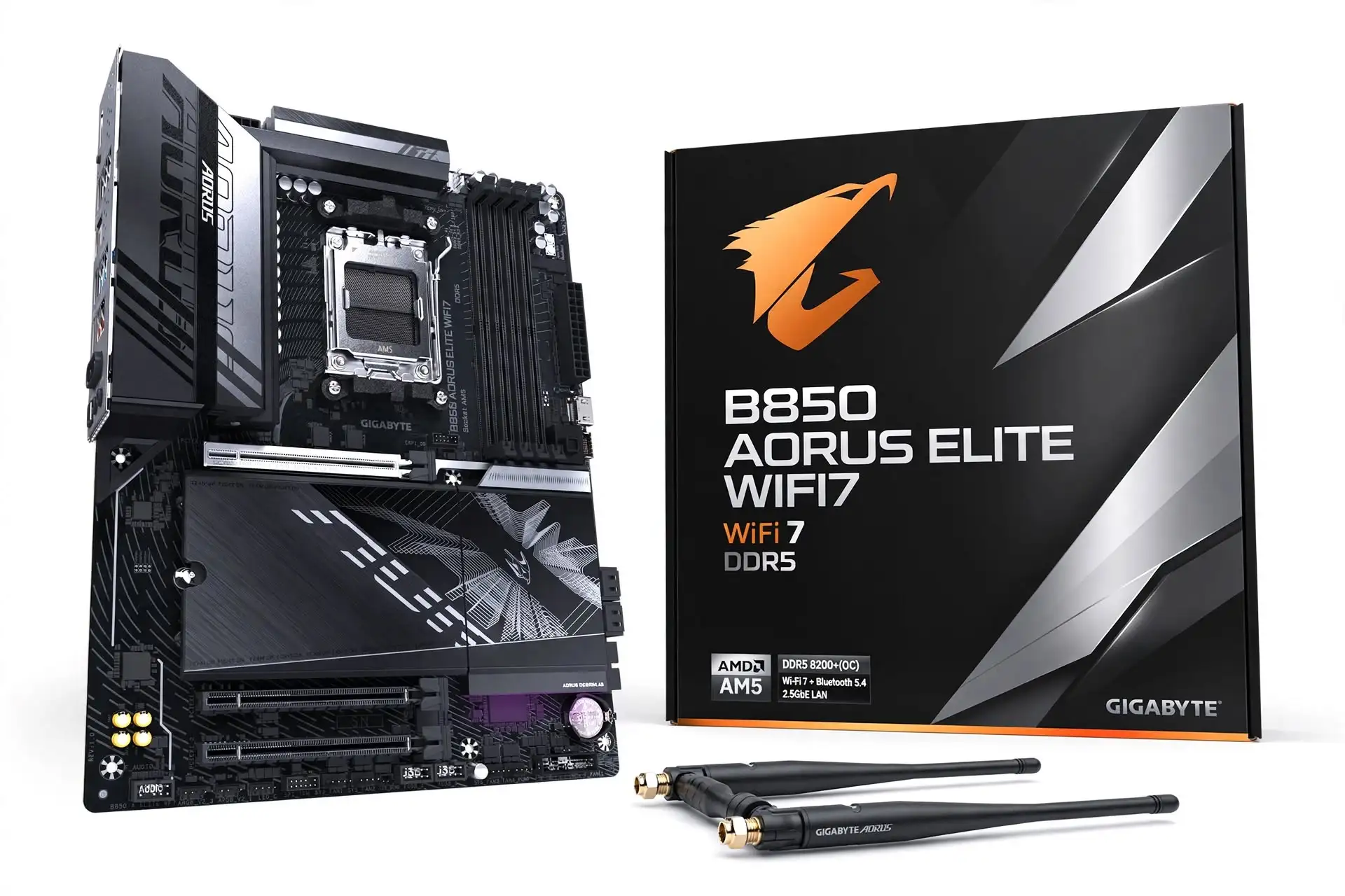 Gigabyte B850 AORUS ELITE WIFI7 ATX motherboard with three M.2 sockets and twelve rear USB ports for gaming peripherals.
