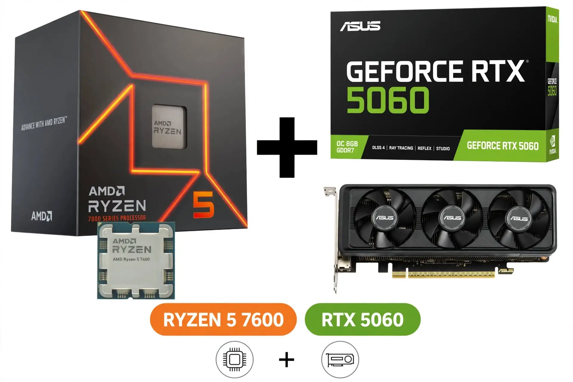 AMD Ryzen 5 7600 processor paired with a GeForce RTX 5060 8GB graphics card for a budget gaming computer built around the AM5 platform. With 32GB DDR5 RAM and a 1TB SSD, this configuration targets buyers seeking Nvidia gaming features within a complete-build budget of $950.