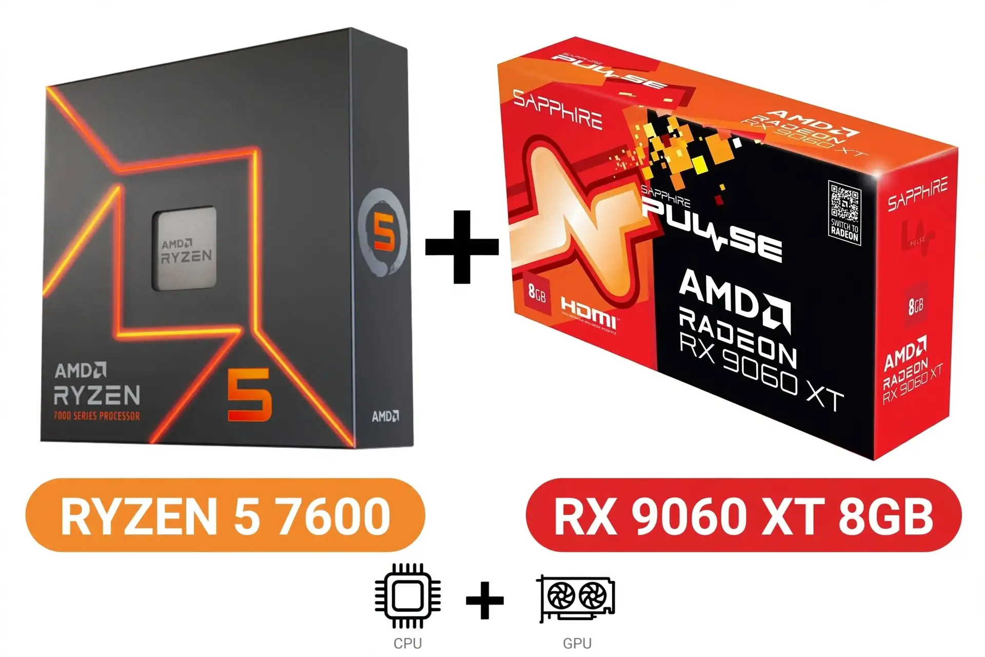 AMD Ryzen 5 7600 processor beside the 8GB Radeon RX 9060 XT, illustrating an AM5 budget gaming computer combination with 32GB DDR5 RAM and a 1TB SSD. The build targets $950 or less and makes more sense when the 8GB graphics card costs meaningfully less than its 16GB alternative.