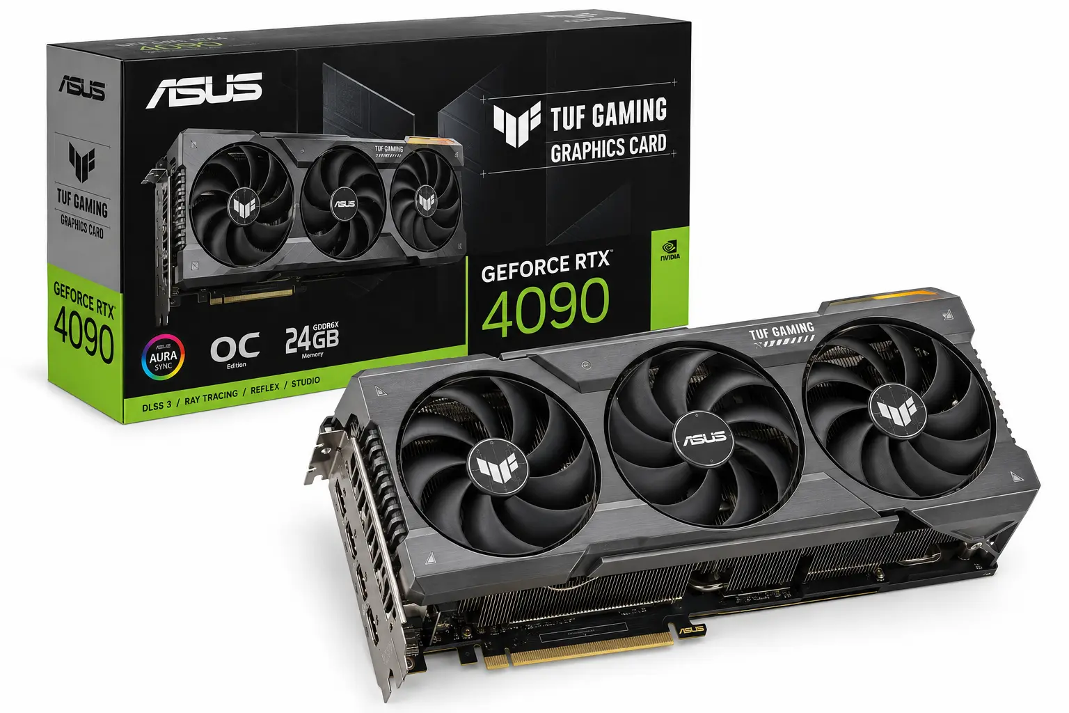 NVIDIA GeForce RTX 4090 positioned in front of its retail packaging, featuring 24GB GDDR6X memory for demanding 4K games, high-resolution textures, and graphics modifications.