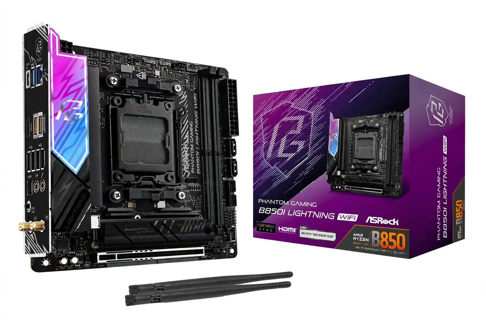 ASRock B850I Lightning WiFi Mini ITX motherboard with two DDR5 slots and a PCIe graphics slot for a small AMD gaming PC.