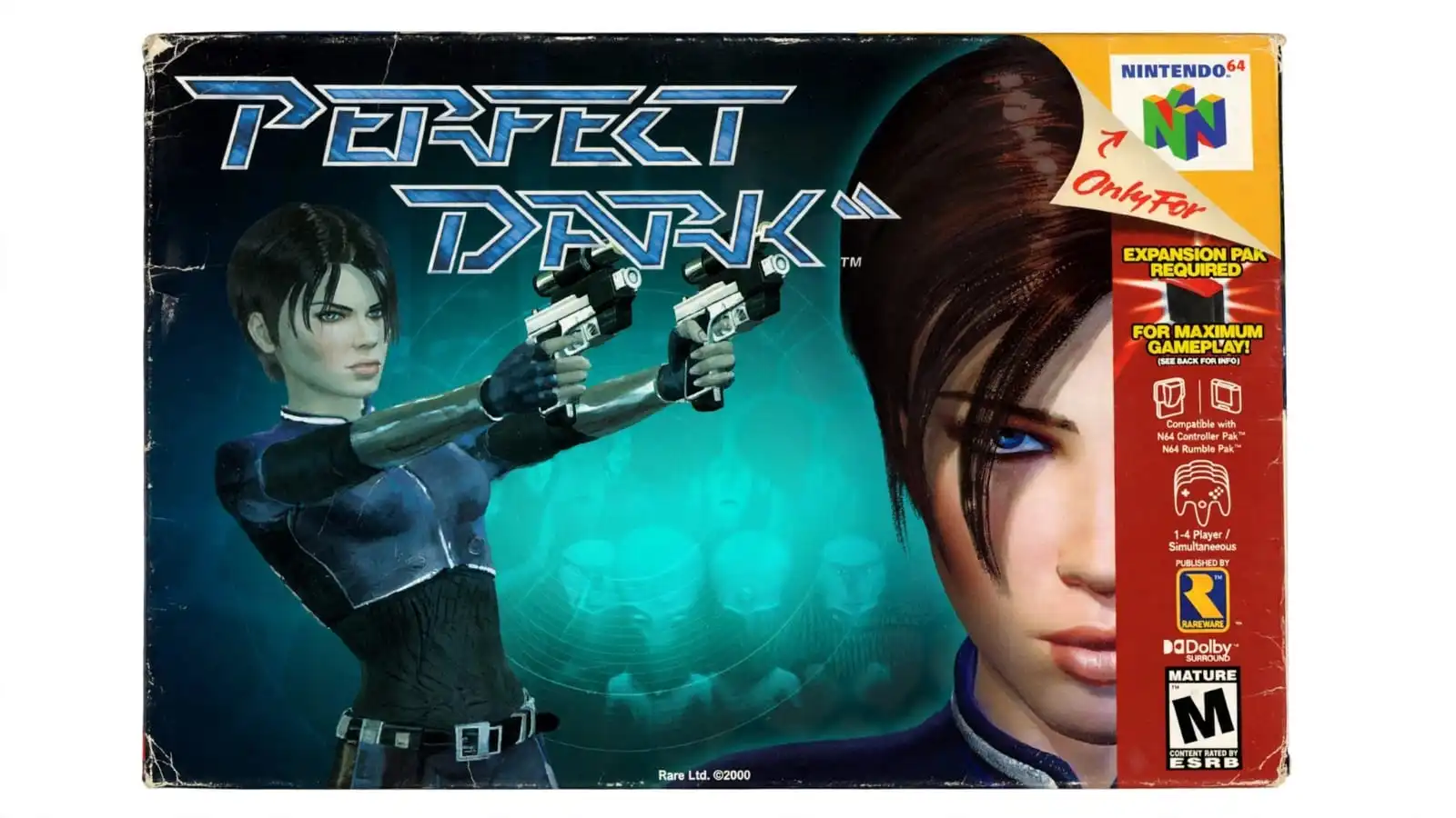 Joanna Dark uses futuristic weapons while fighting armed enemies during a secret agent mission in Perfect Dark. The Nintendo 64 shooter includes advanced gadgets, computer-controlled opponents, and customizable multiplayer battles.