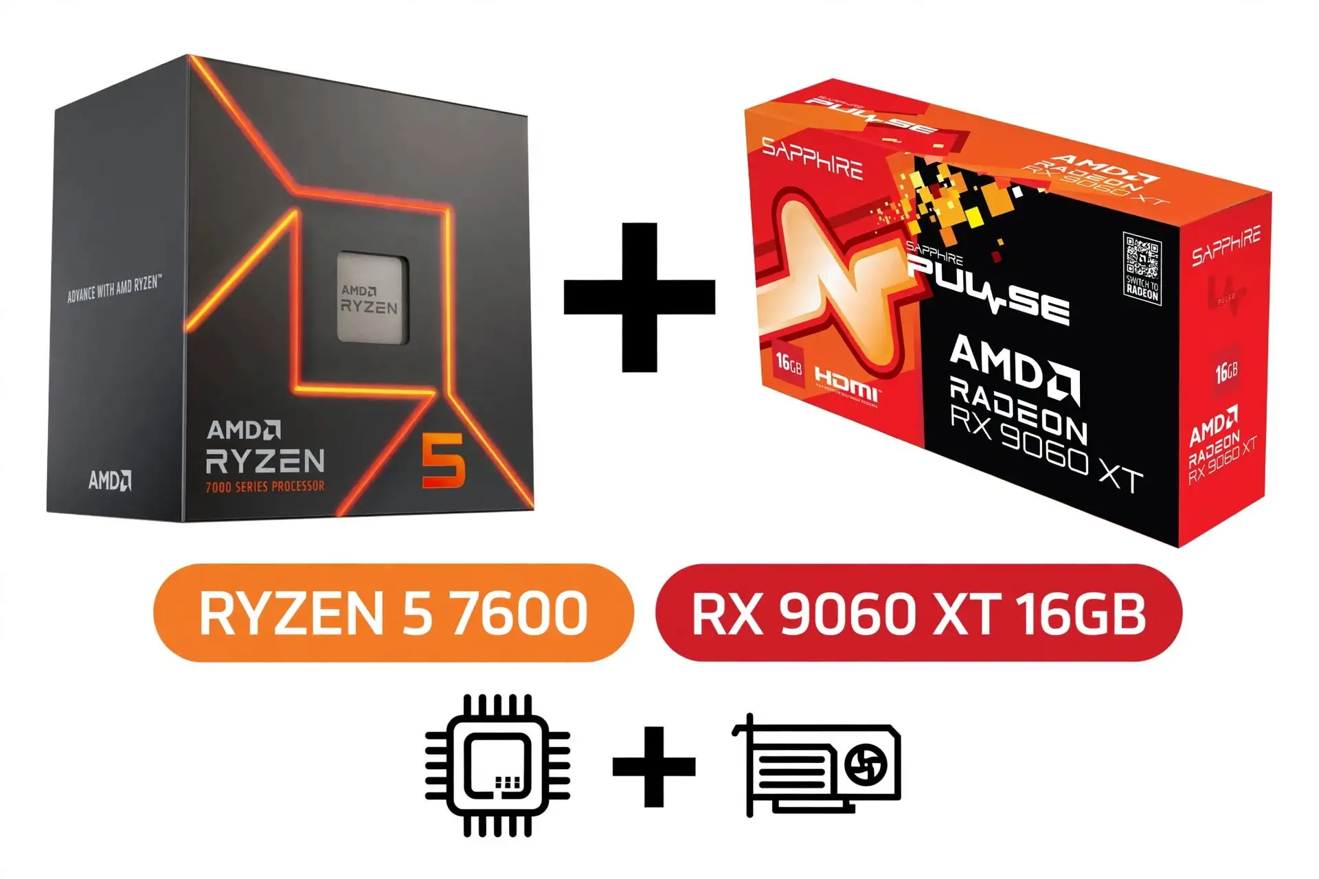 AMD Ryzen 5 7600 processor on the left and Radeon RX 9060 XT 16GB graphics card on the right, showing a budget gaming computer combination with more graphics memory than the 8GB version. The proposed build includes 32GB DDR5 RAM and a 1TB SSD, targeting a total cost of $1,050 or less.