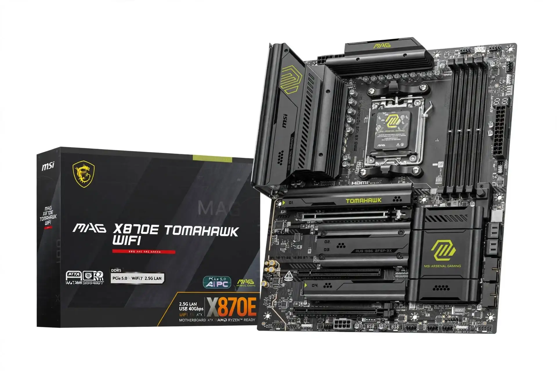 MSI MAG X870E TOMAHAWK WIFI with four M.2 sockets and rear USB4 ports, included in our best motherboard for gaming comparison.
