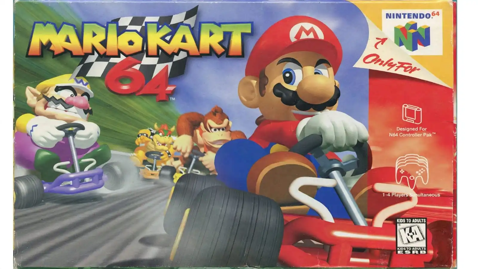 Mario races against other Nintendo characters on a colorful track while collecting items and avoiding obstacles. One of the good N64 games for racing fans, Mario Kart 64 includes competitive races and four-player Battle Mode.