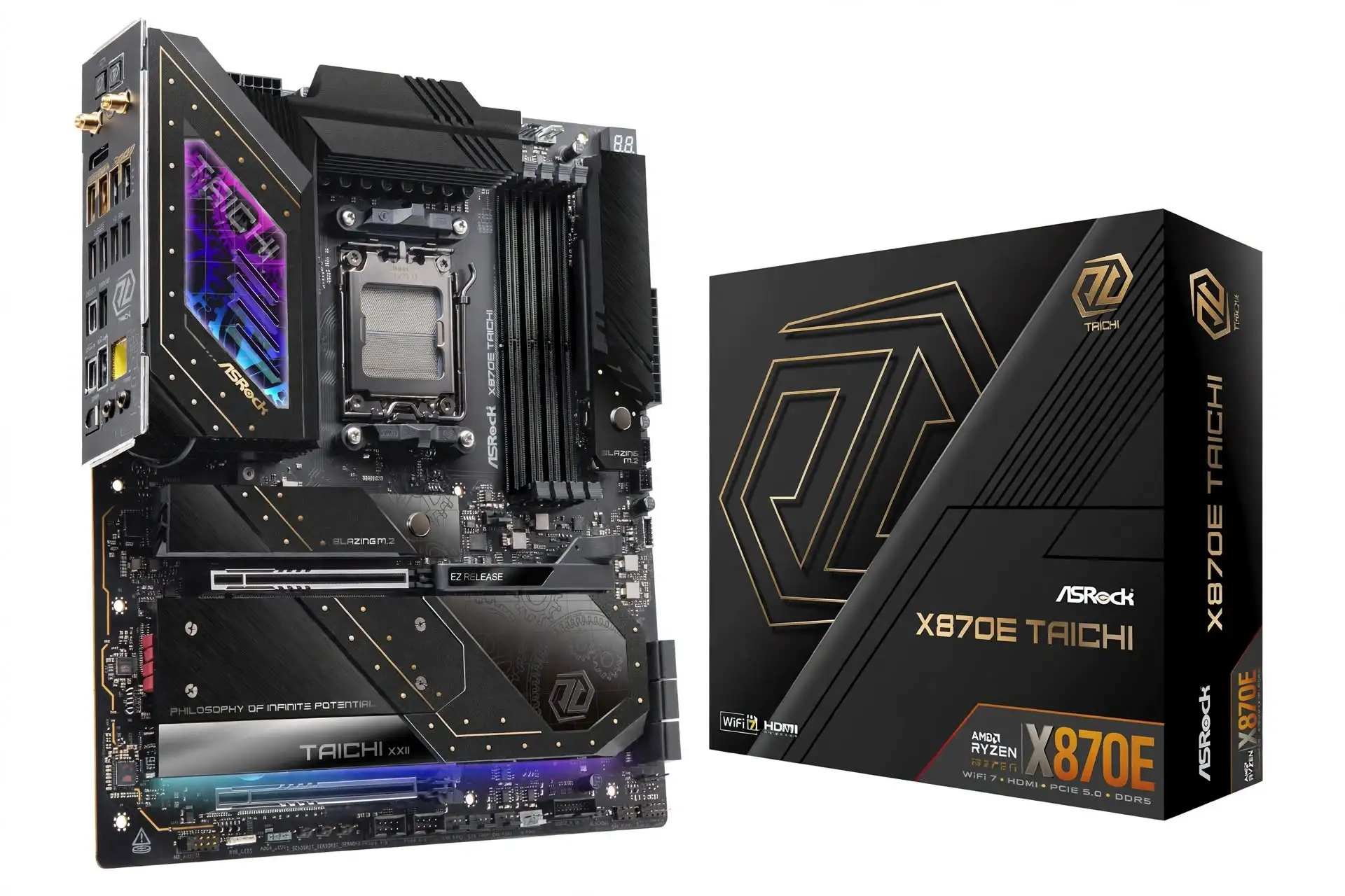 ASRock X870E Taichi E-ATX motherboard with two PCIe 5.0 expansion slots, four M.2 sockets and six SATA connections.