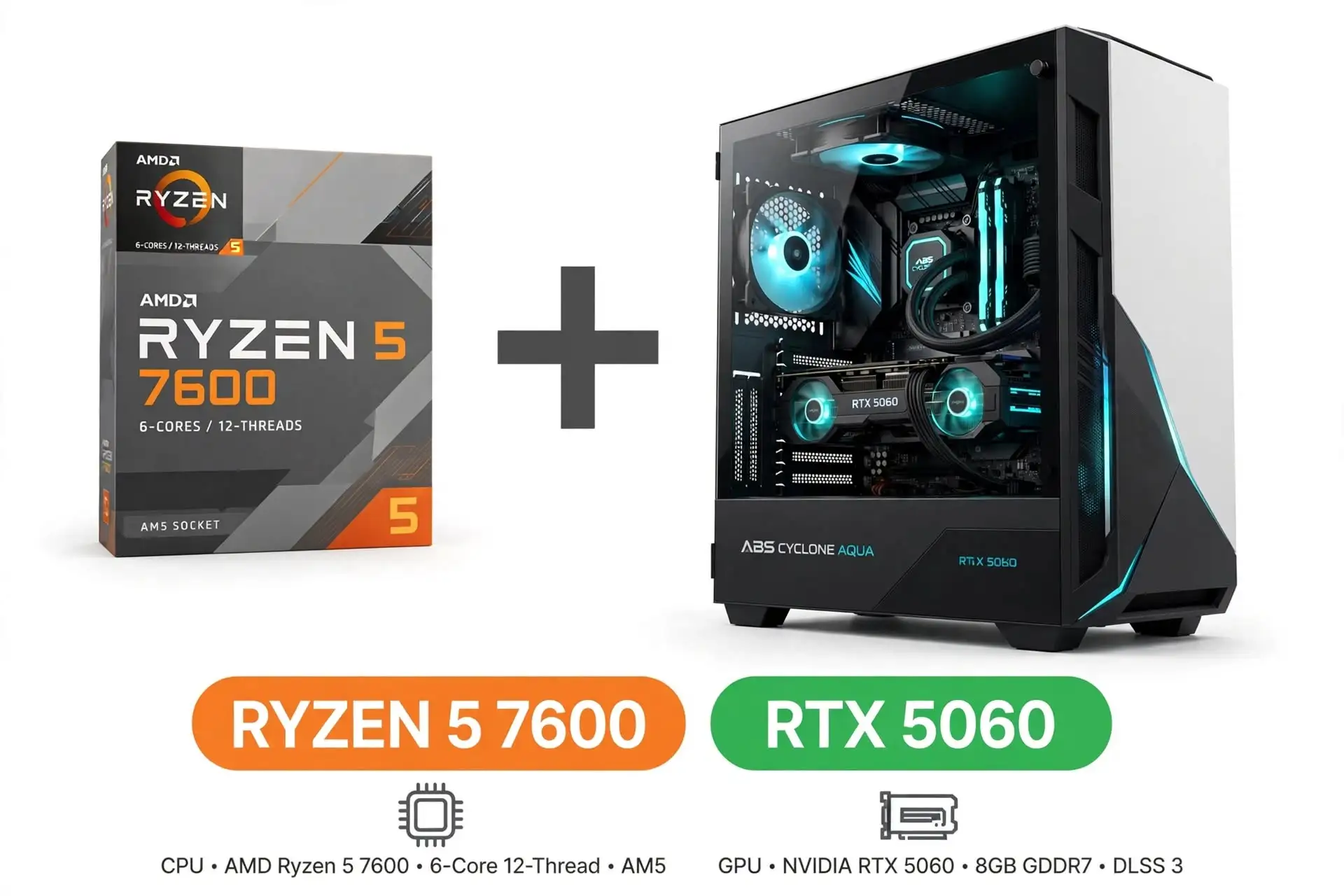 Intel Core 5 120 processor beside a GeForce RTX 5060 8GB graphics card, representing the component pairing in the listed ABS Cyclone Aqua prebuilt gaming computer. Its configuration includes 16GB DDR4 RAM and a 1TB SSD for buyers comparing a ready-built PC with DIY alternatives.