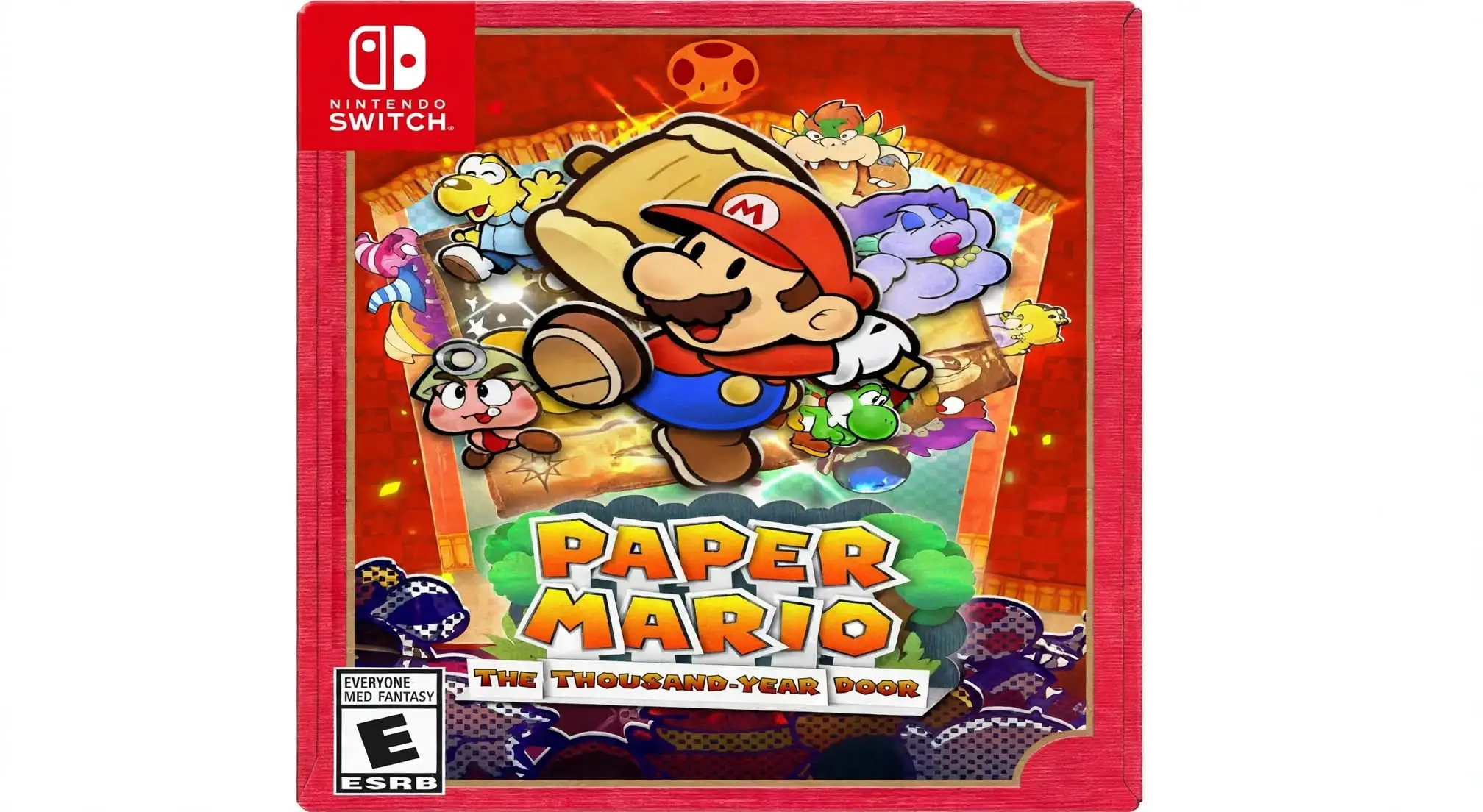 Mario explores a colorful paper-style world and battles enemies alongside his companions in Paper Mario. The Nintendo 64 role-playing game features turn-based combat, timed attacks, and puzzle-solving throughout the Mushroom Kingdom.
