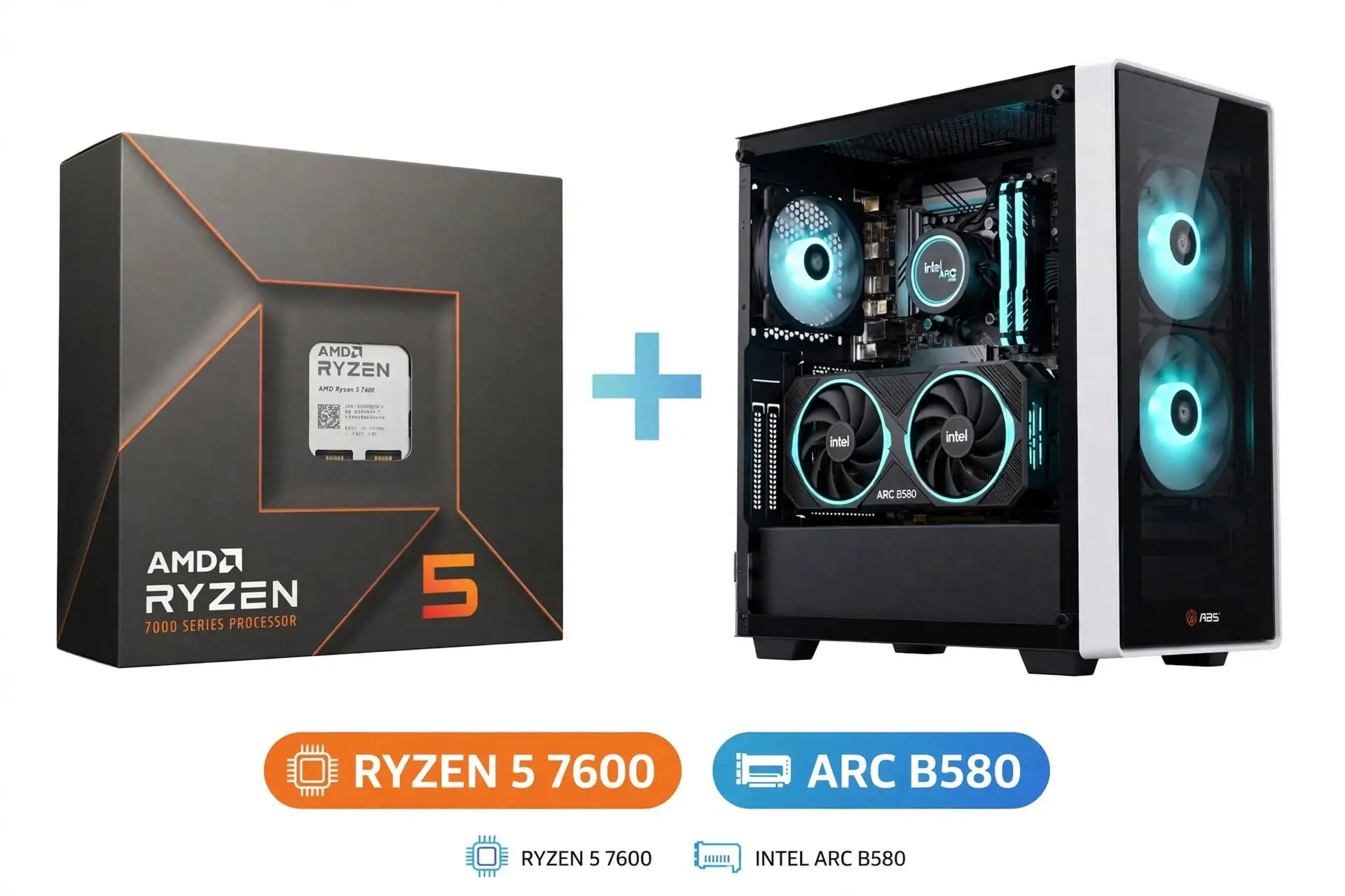 Intel Core i5-14400F processor on the left and Intel Arc B580 12GB graphics card on the right, illustrating the listed ABS Cyclone Aqua prebuilt configuration. With 16GB DDR4 RAM and a 1TB SSD, this budget gaming computer option requires attention to game compatibility and Resizable BAR configuration.